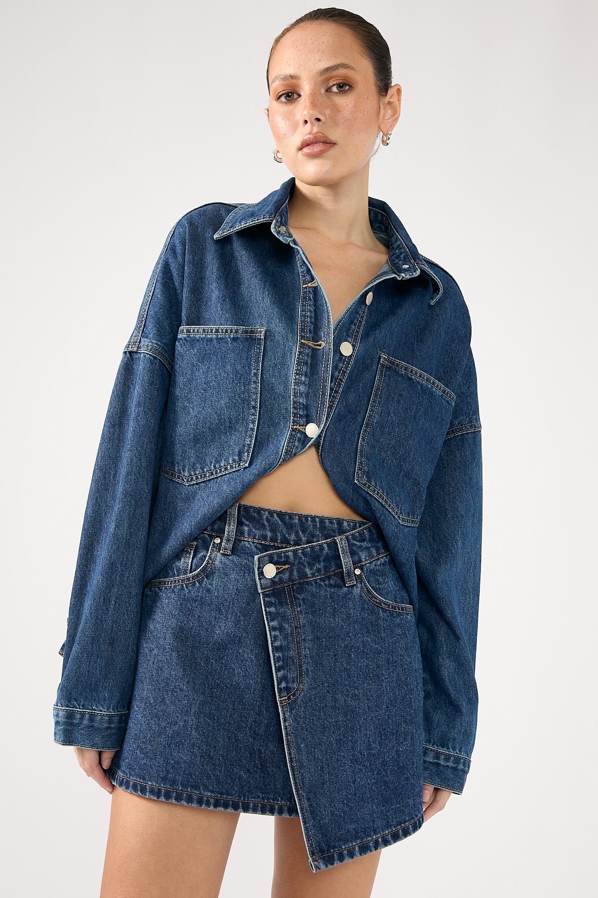 Perfect Stranger Sonya Wrap Denim Mini Skirt Mid Blue Denim