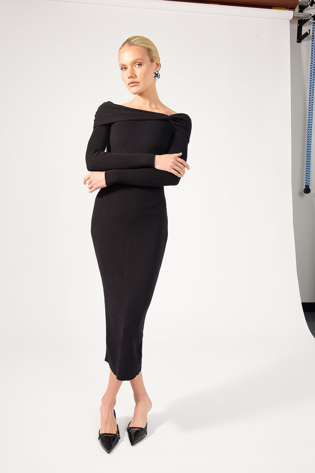 Perfect Stranger Leonie Off Shoulder Knit Dress Black