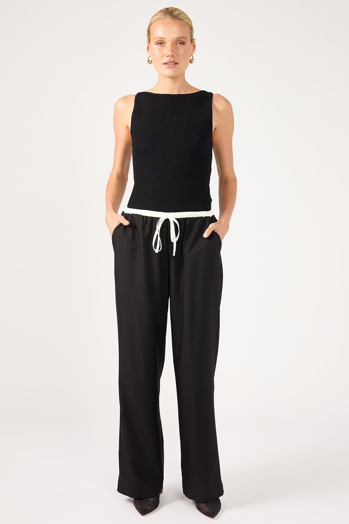 Perfect Stranger Contrast Waistband Drawcord Straight Leg Pants Black