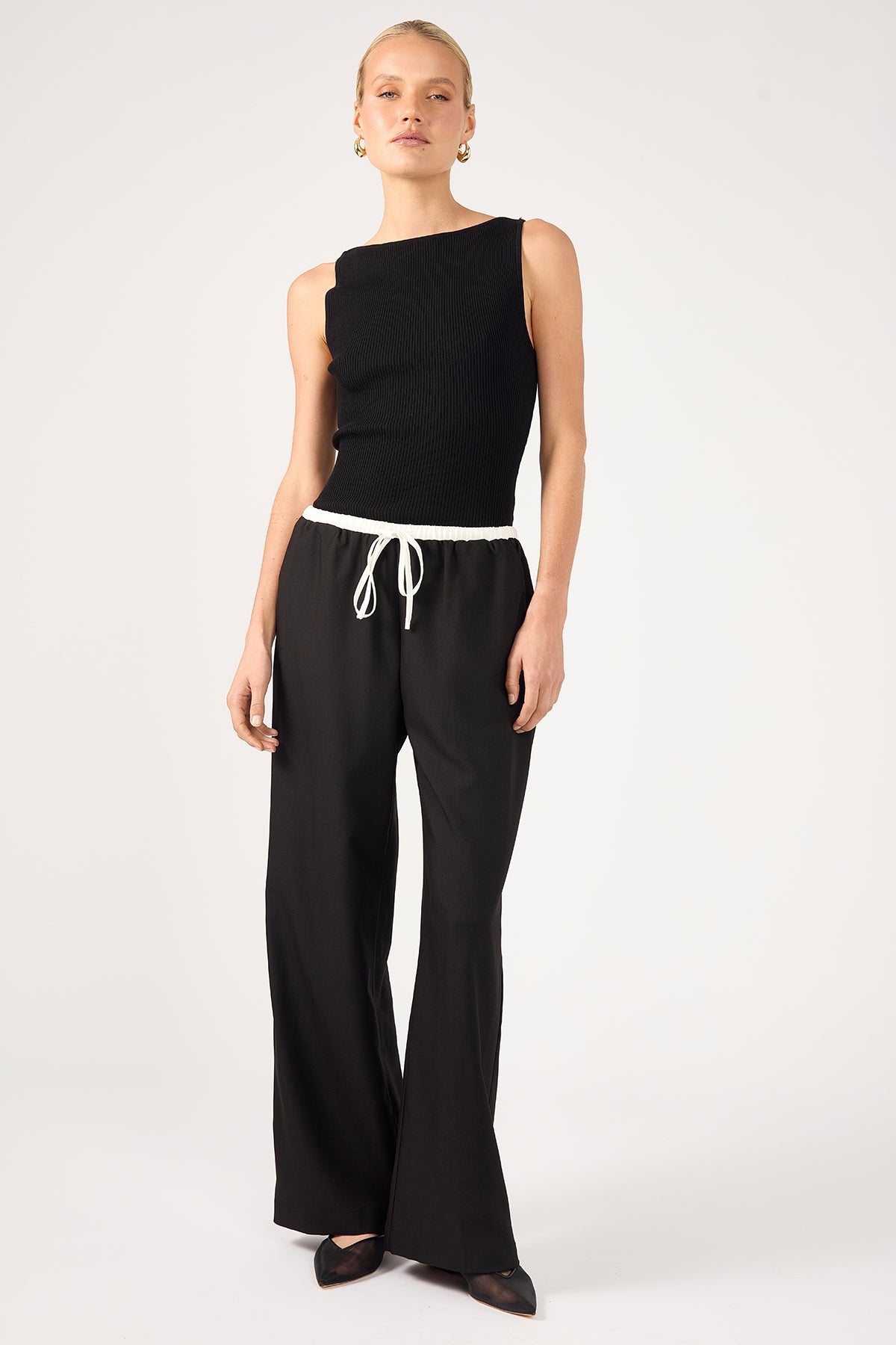 Perfect Stranger Contrast Waistband Drawcord Straight Leg Pants Black
