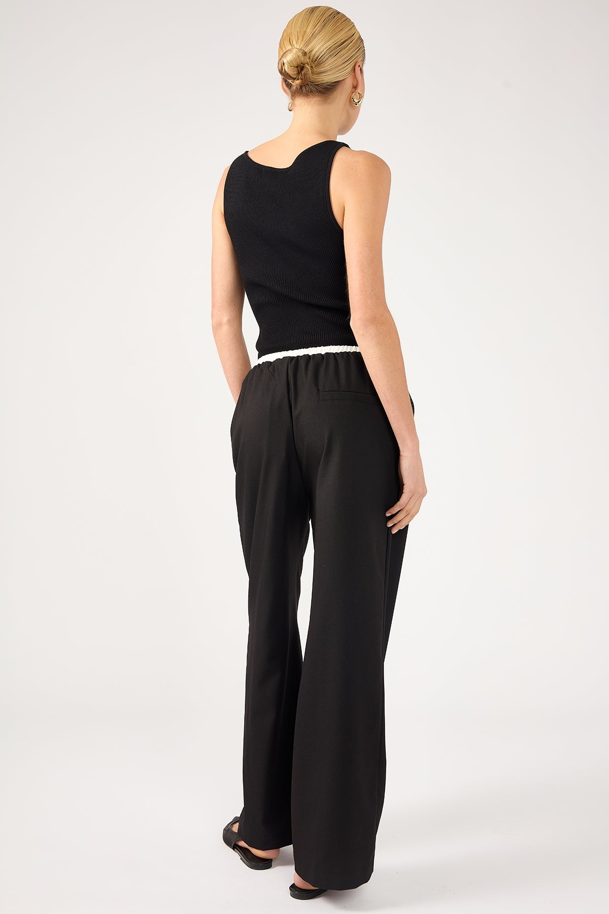 Perfect Stranger Contrast Waistband Drawcord Straight Leg Pants Black