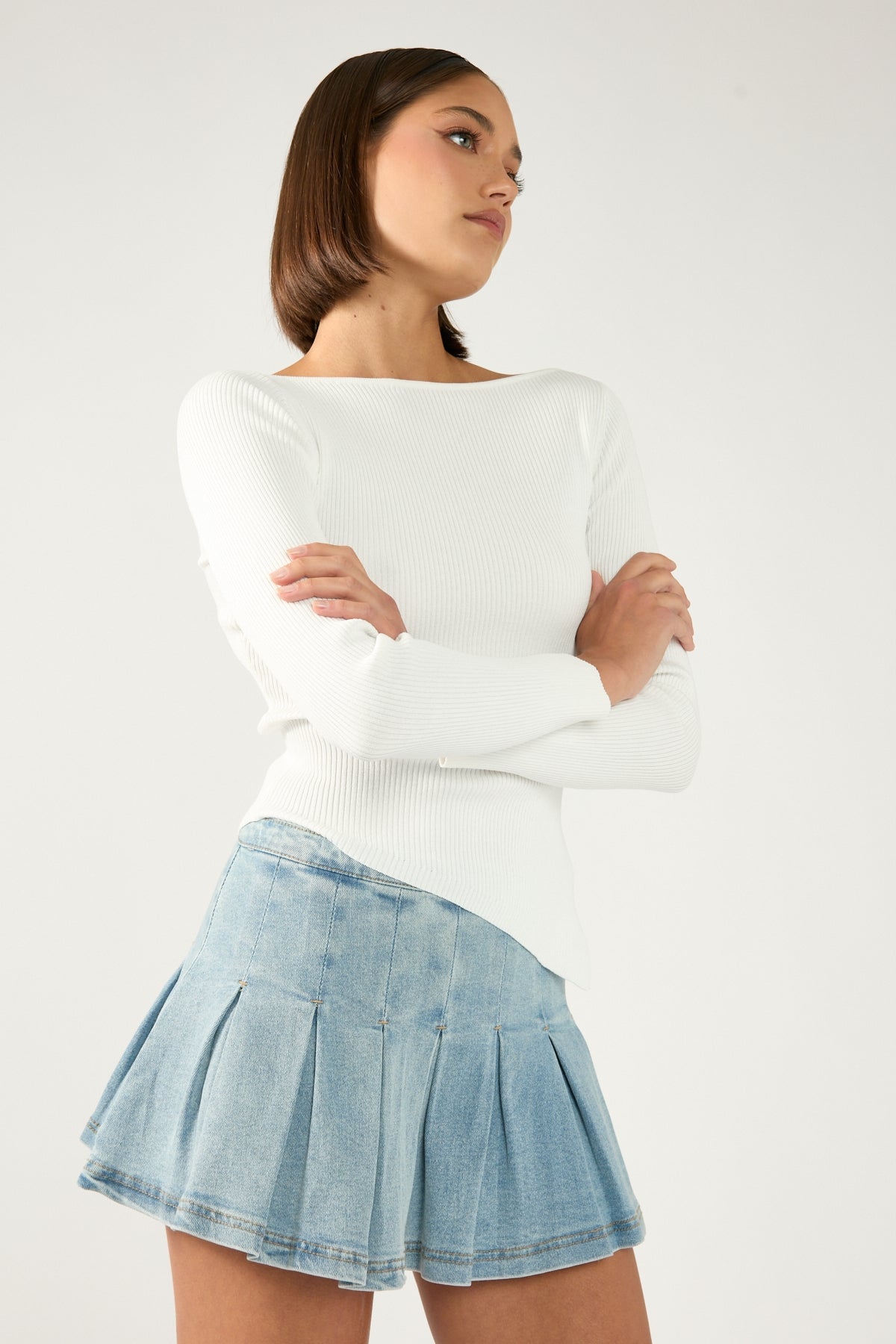 Perfect Stranger Georgie Pleated Denim Mini Skirt Light Blue Denim