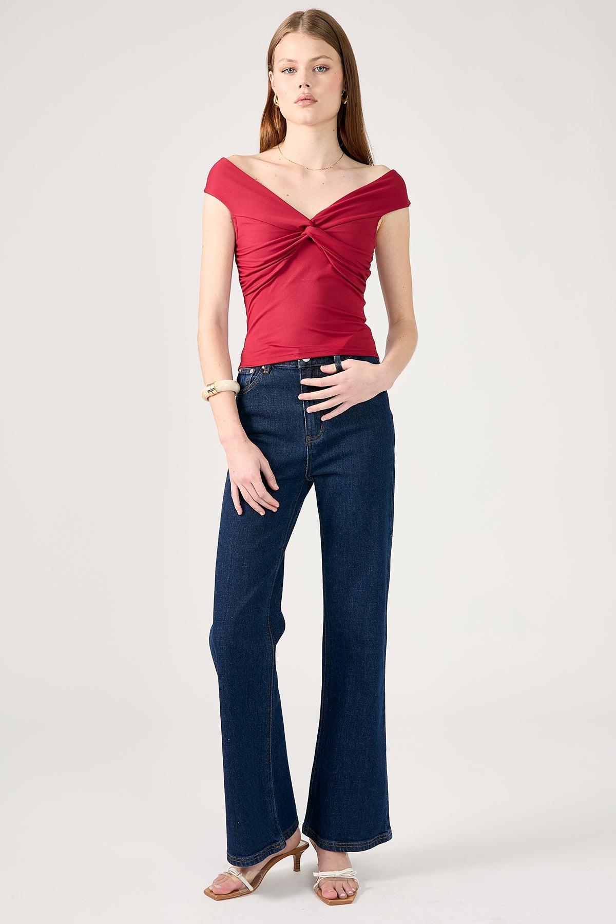 Perfect Stranger Chloe Draped Off Shoulder Top Burgundy