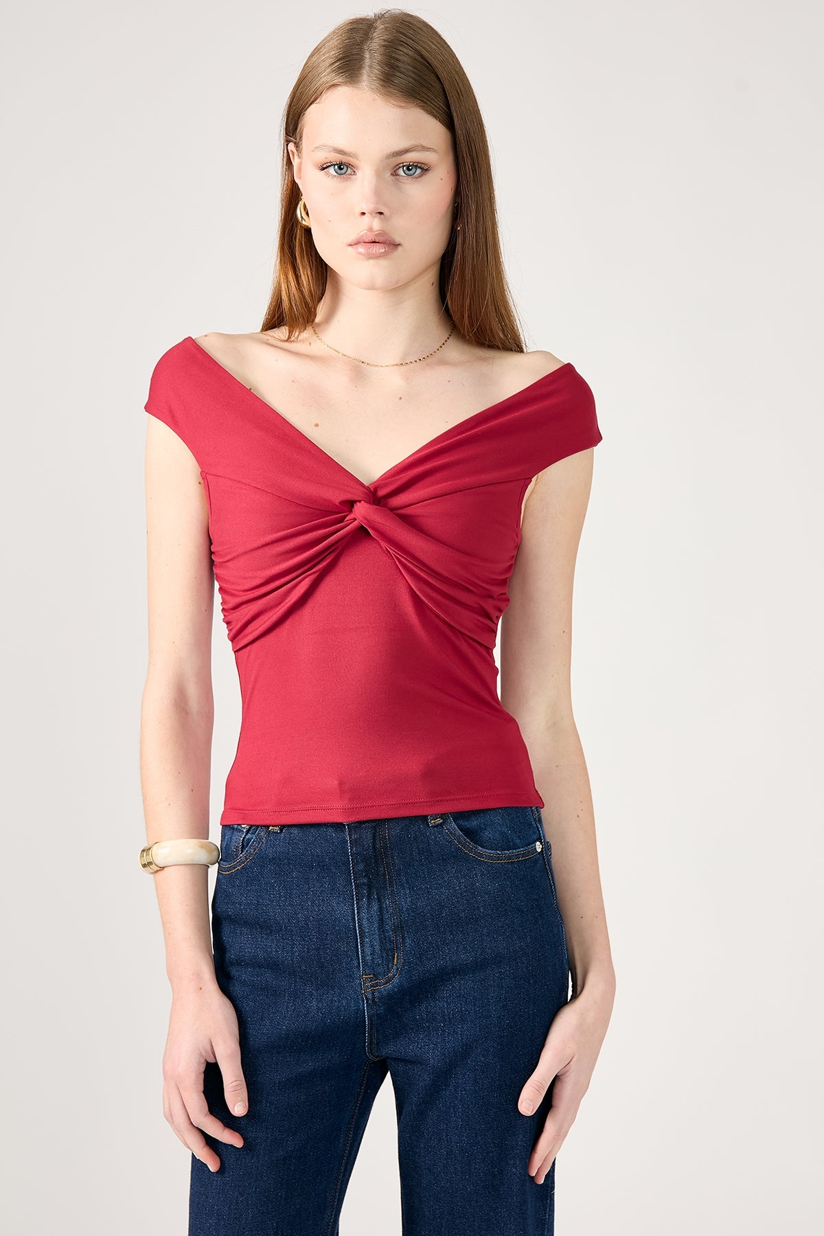 Perfect Stranger Chloe Draped Off Shoulder Top Burgundy