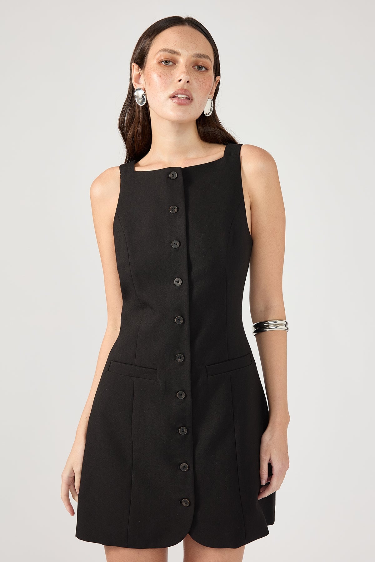 Perfect Stranger High Neck Suiting Button Up Dress Black