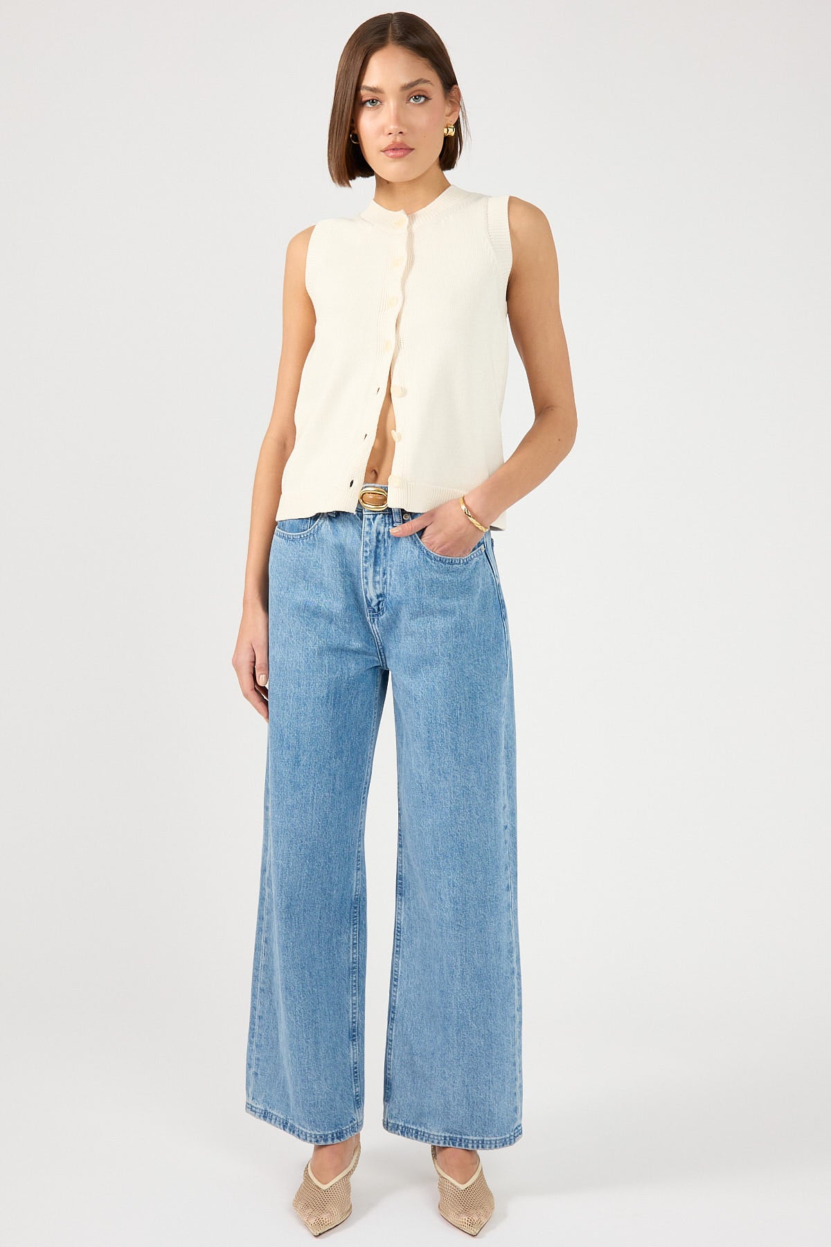 Perfect Stranger Connie Button Up Sleeveless Vest Bone