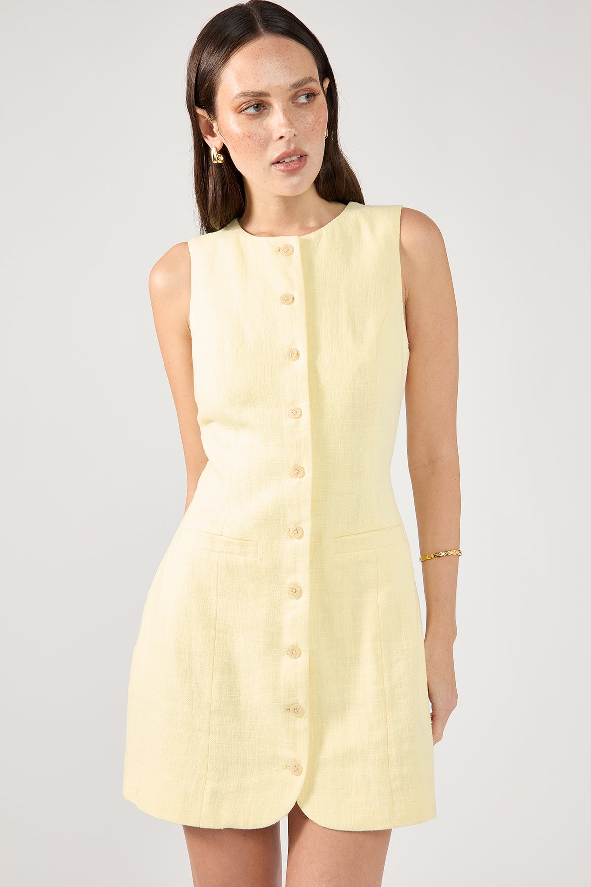 Perfect Stranger Menorca High Neck Linen Mini Dress Lemon