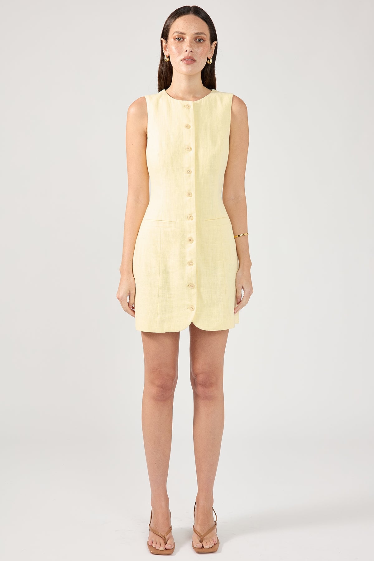 Perfect Stranger Menorca High Neck Linen Mini Dress Lemon