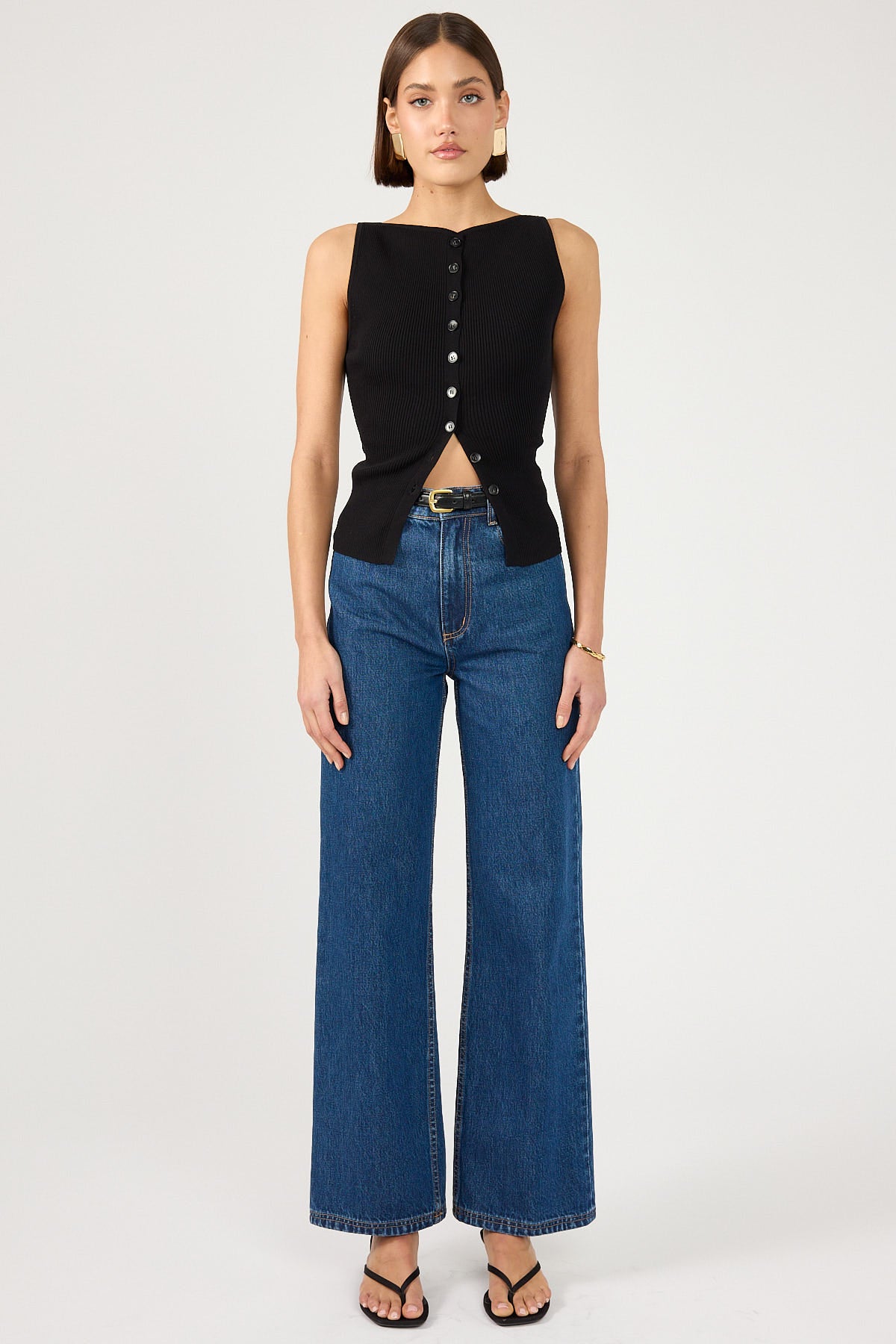 Perfect Stranger High Neck Button Up Rib Knit Top Black