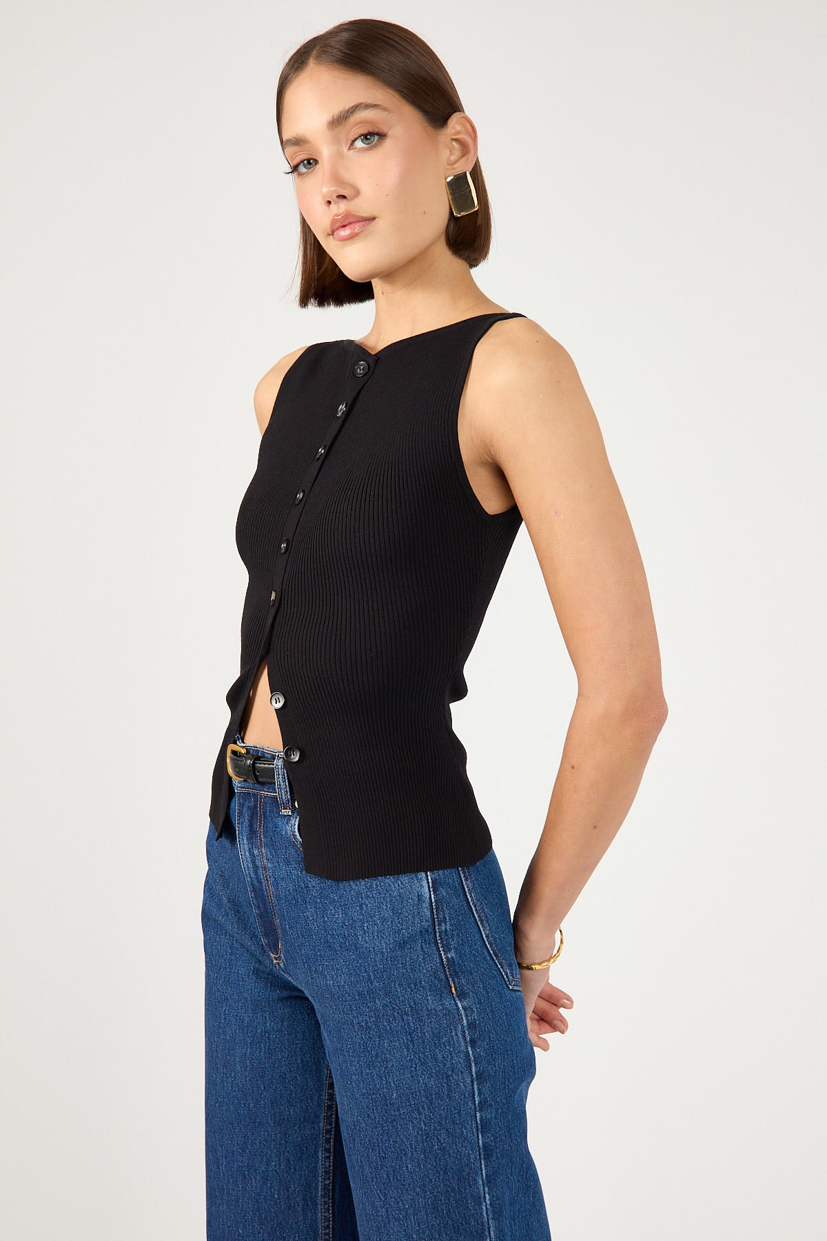 Perfect Stranger High Neck Button Up Rib Knit Top Black