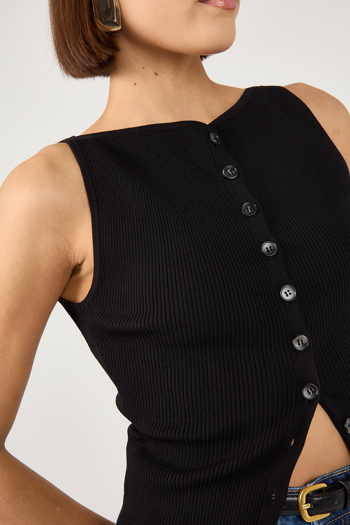 Perfect Stranger High Neck Button Up Rib Knit Top Black