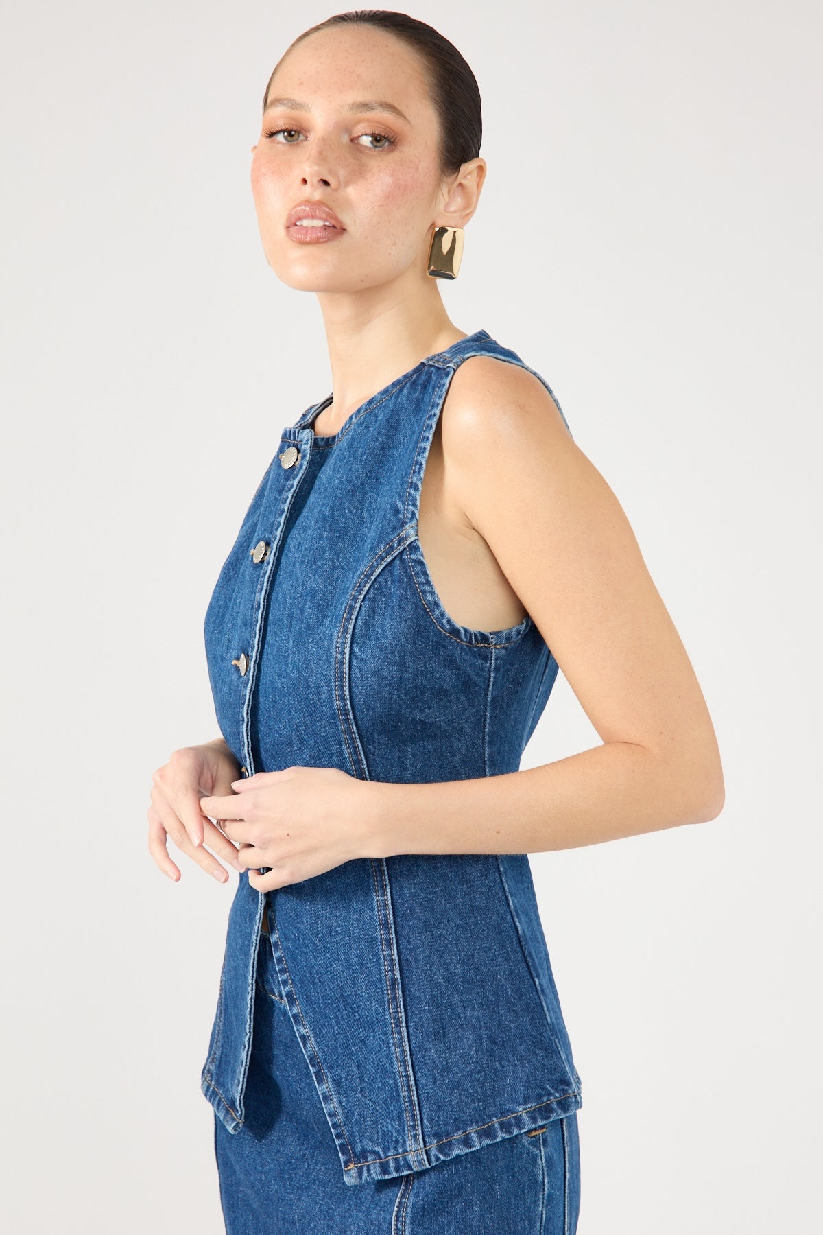 Perfect Stranger Mika Denim Button Up Vest Mid Blue Denim