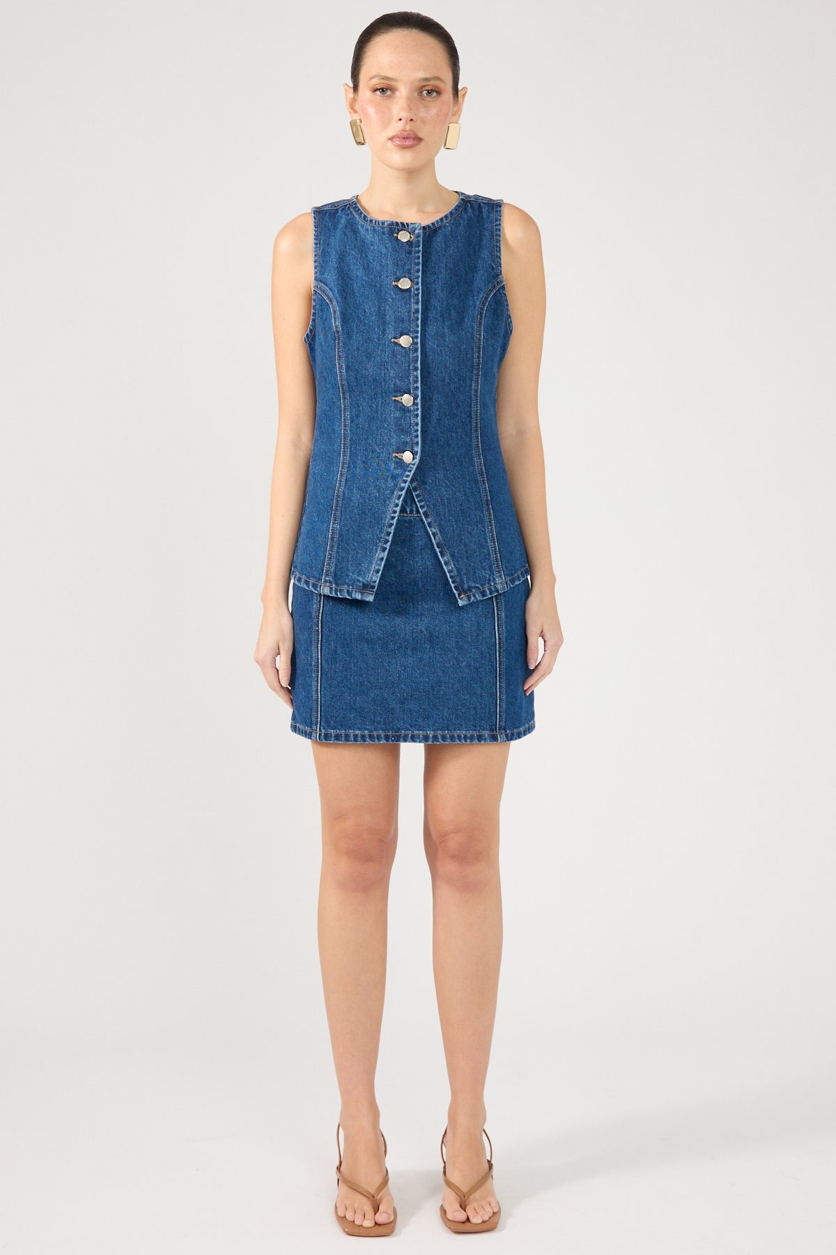 Perfect Stranger Mika Denim Button Up Vest Mid Blue Denim