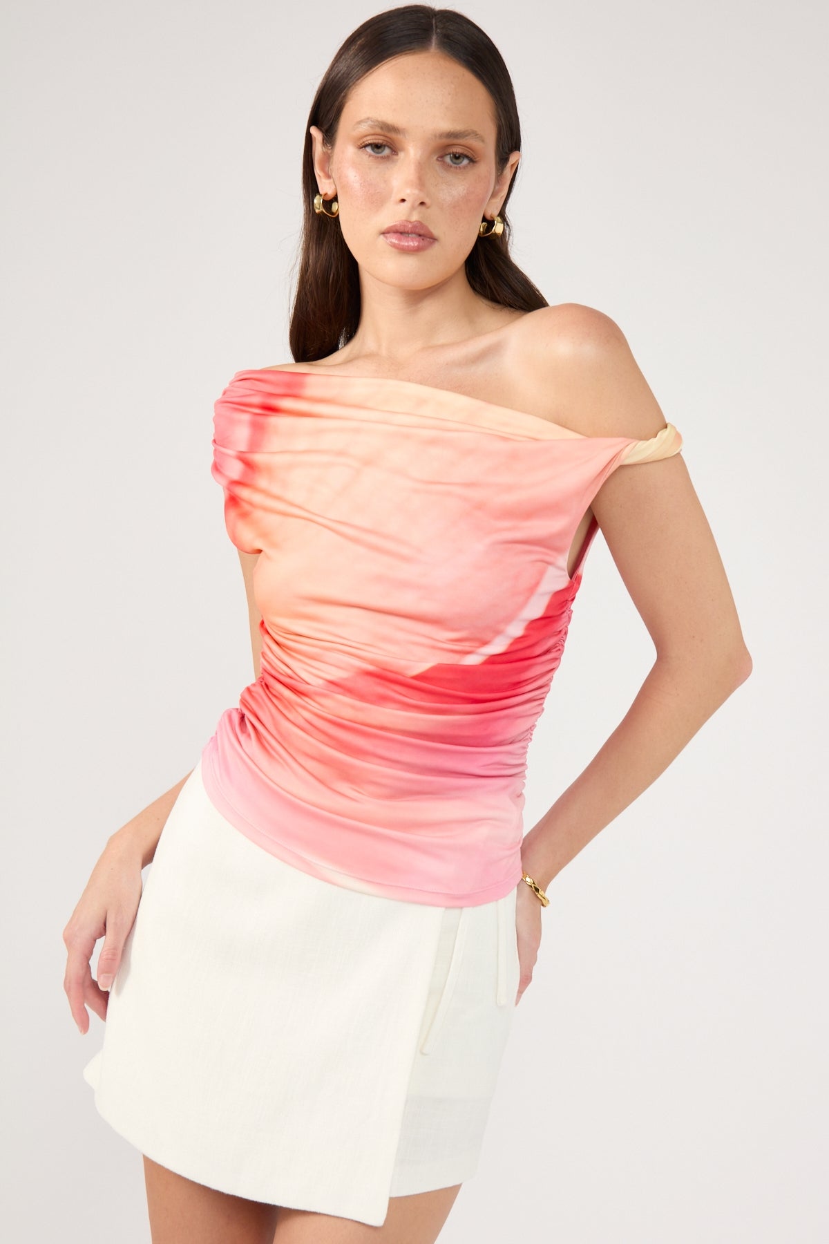 Perfect Stranger Petal Whisper Ruched Top Coral Print
