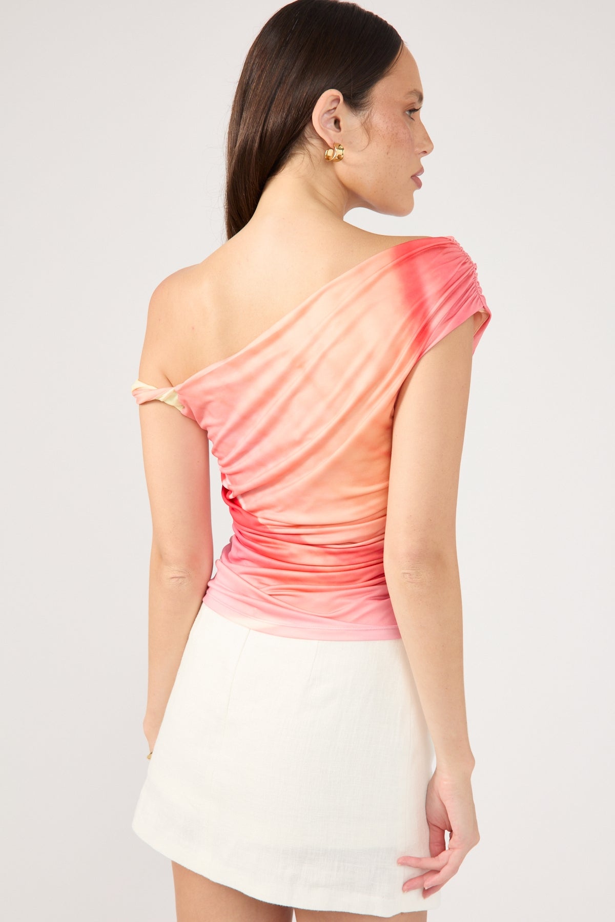 Perfect Stranger Petal Whisper Ruched Top Coral Print