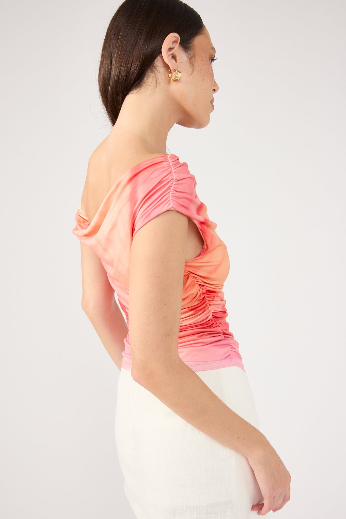 Perfect Stranger Petal Whisper Ruched Top Coral Print