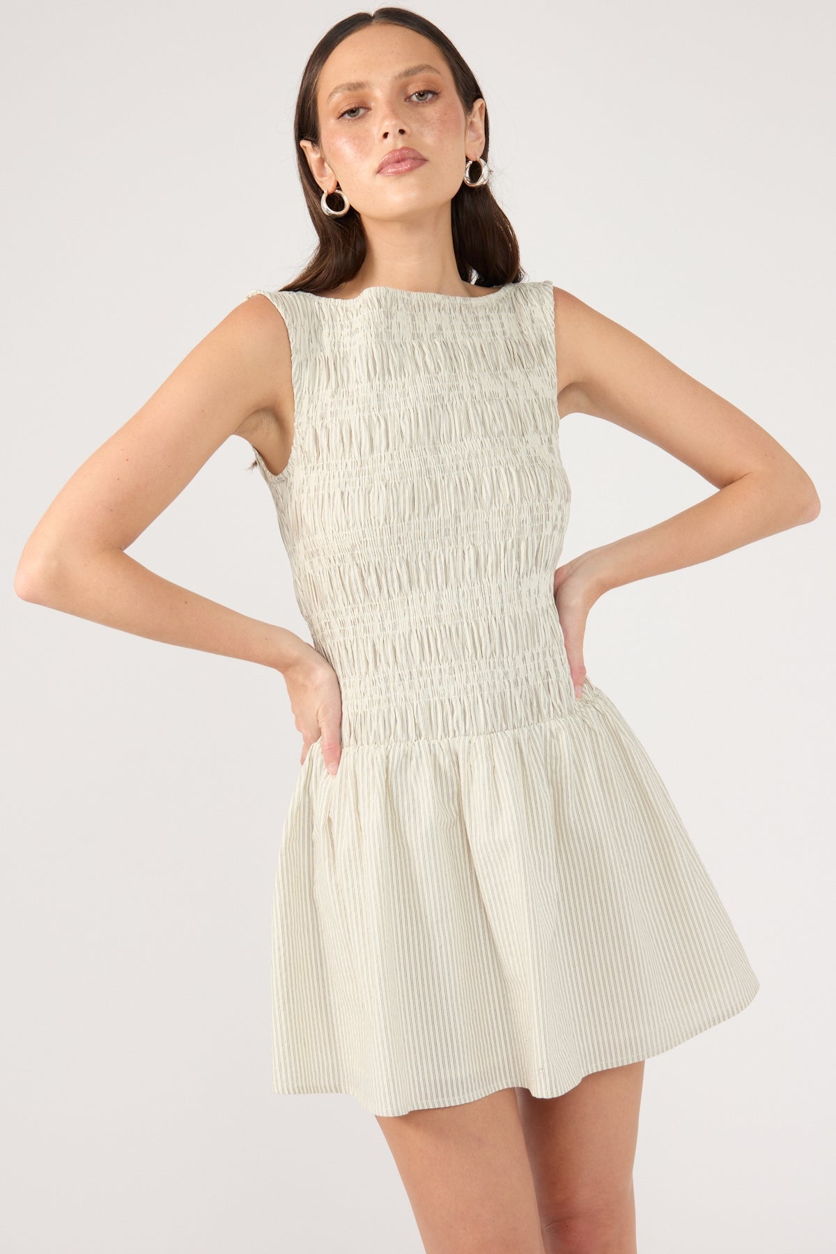 high neck mini dress white Perfect Stranger Shirred High Neck Mini Dress White Stripe