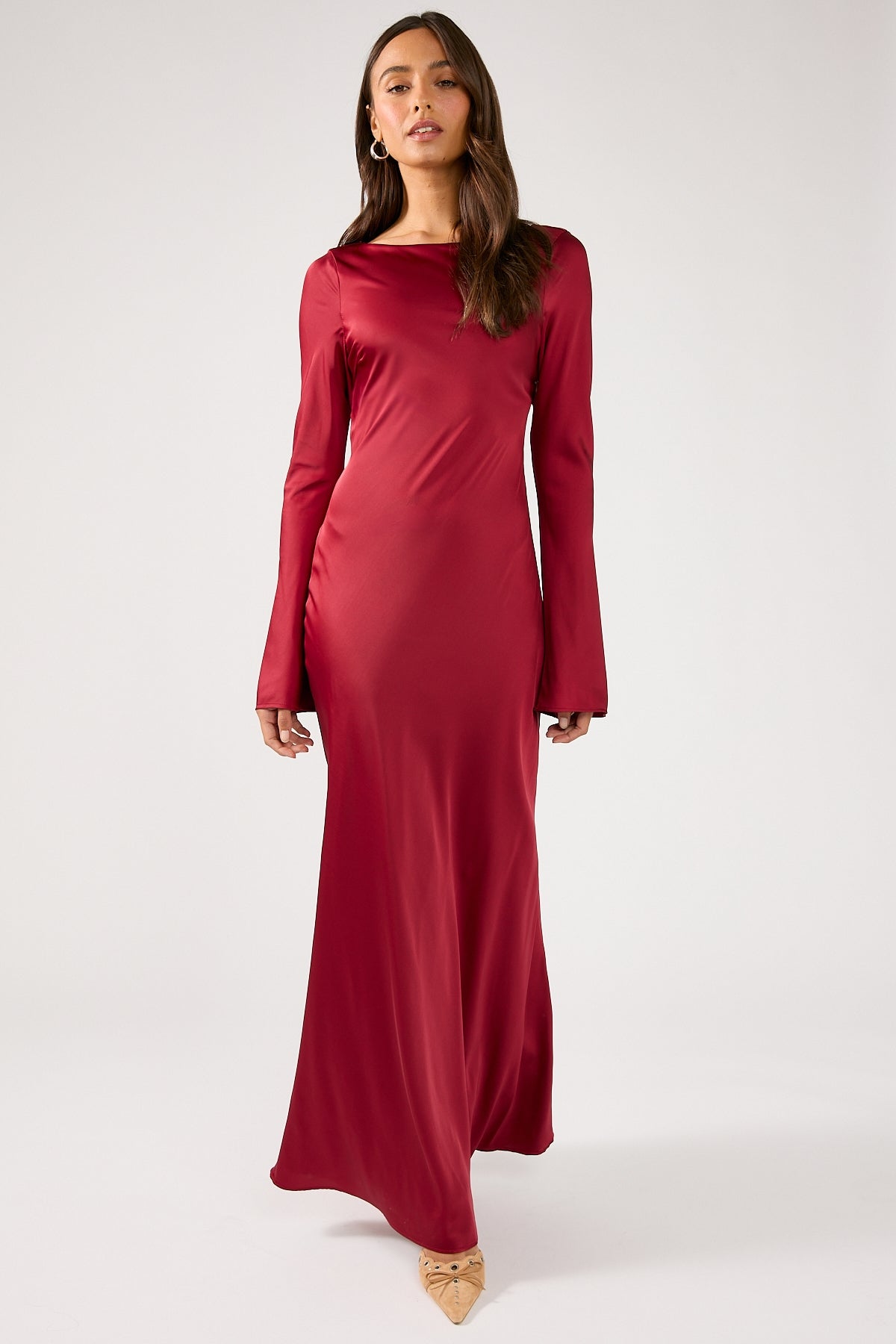 Perfect Stranger Avalon Boat Neck Sleeved Maxi Dress Burgundy