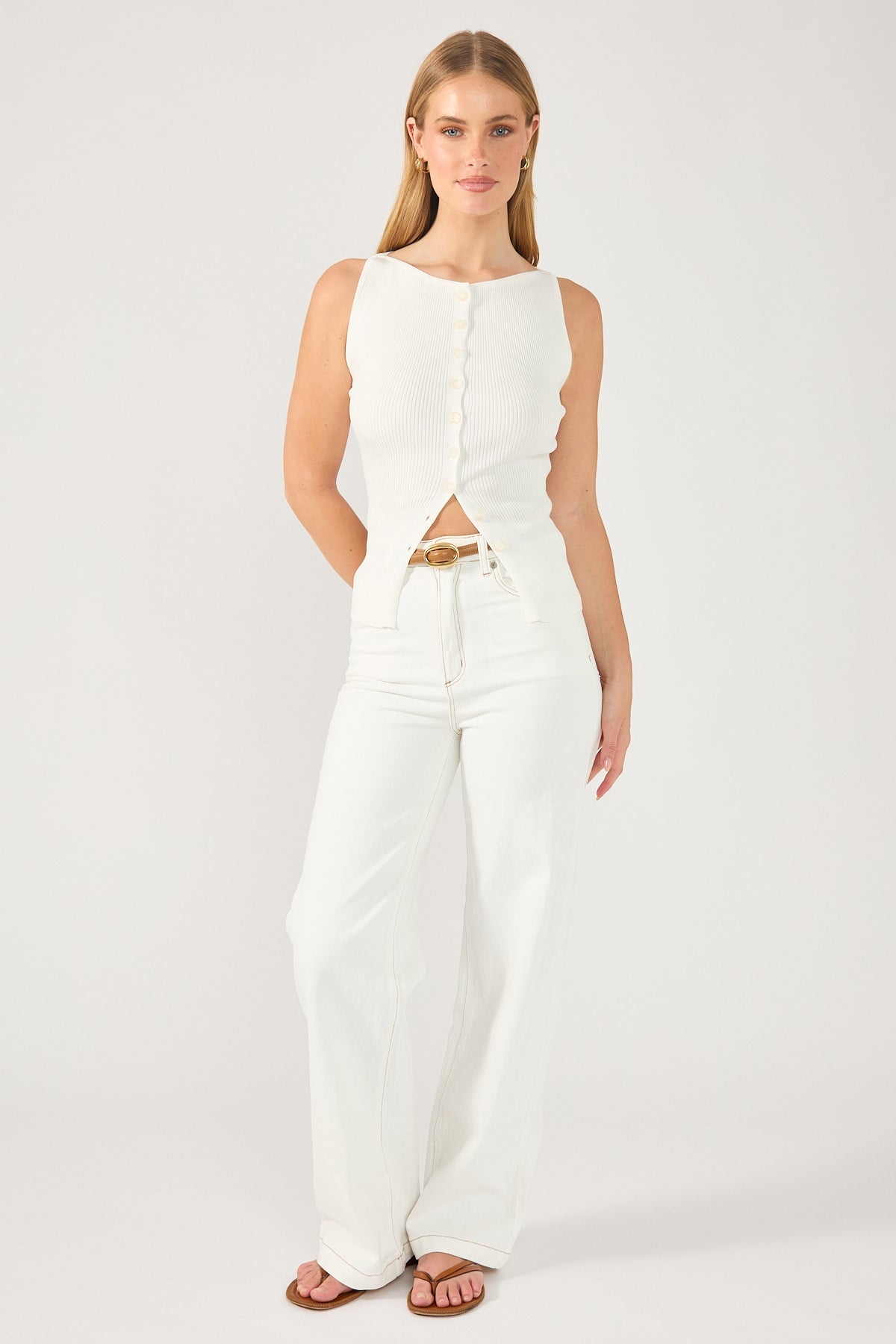 Perfect Stranger High Neck Button Up Rib Knit Top White
