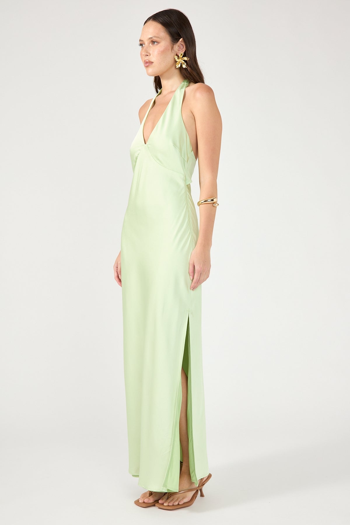 Perfect Stranger Nora Halter Satin Maxi Dress Light Green
