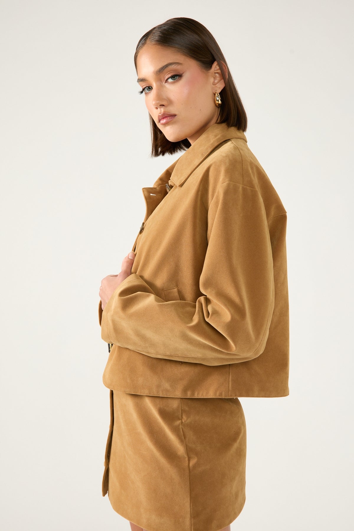 Perfect Stranger Amelie PU Suede Crop Jacket Tan