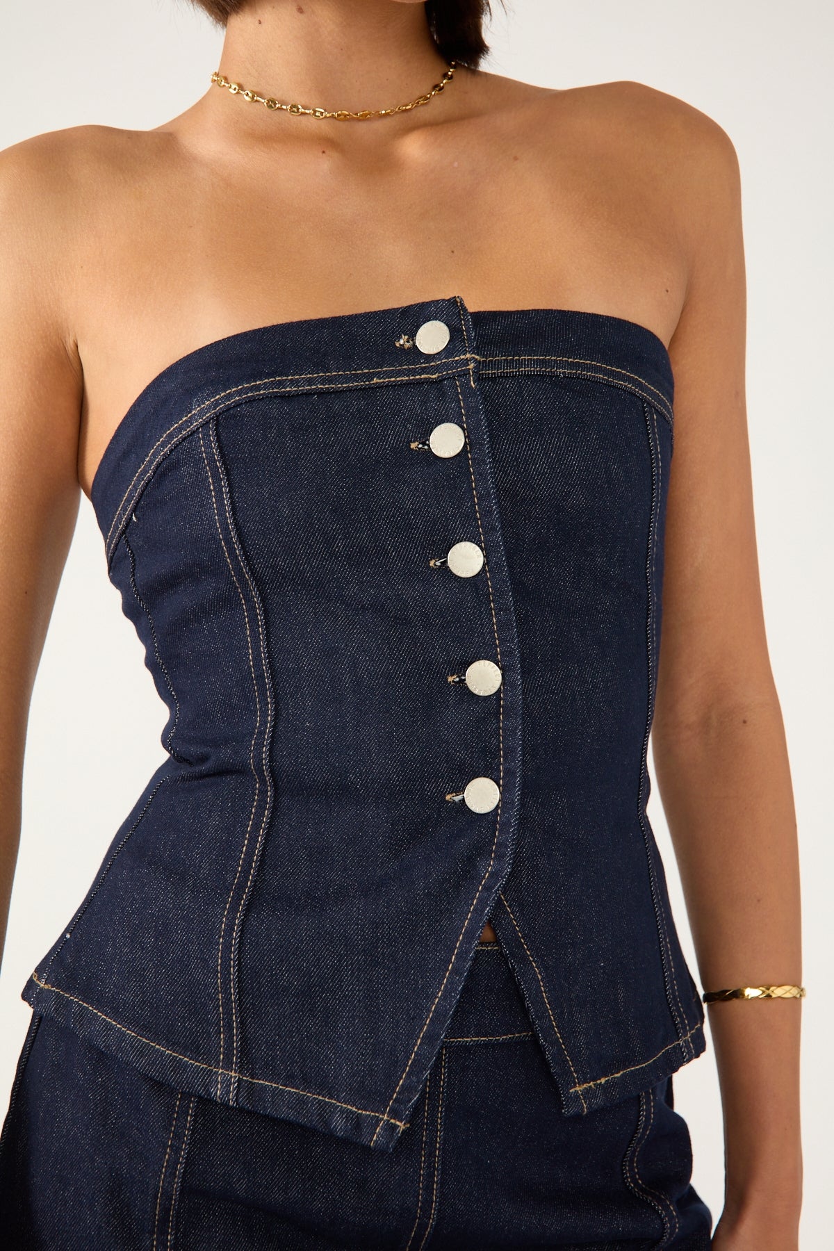 Perfect Stranger Mila Denim Button Up Top Dark Blue Denim