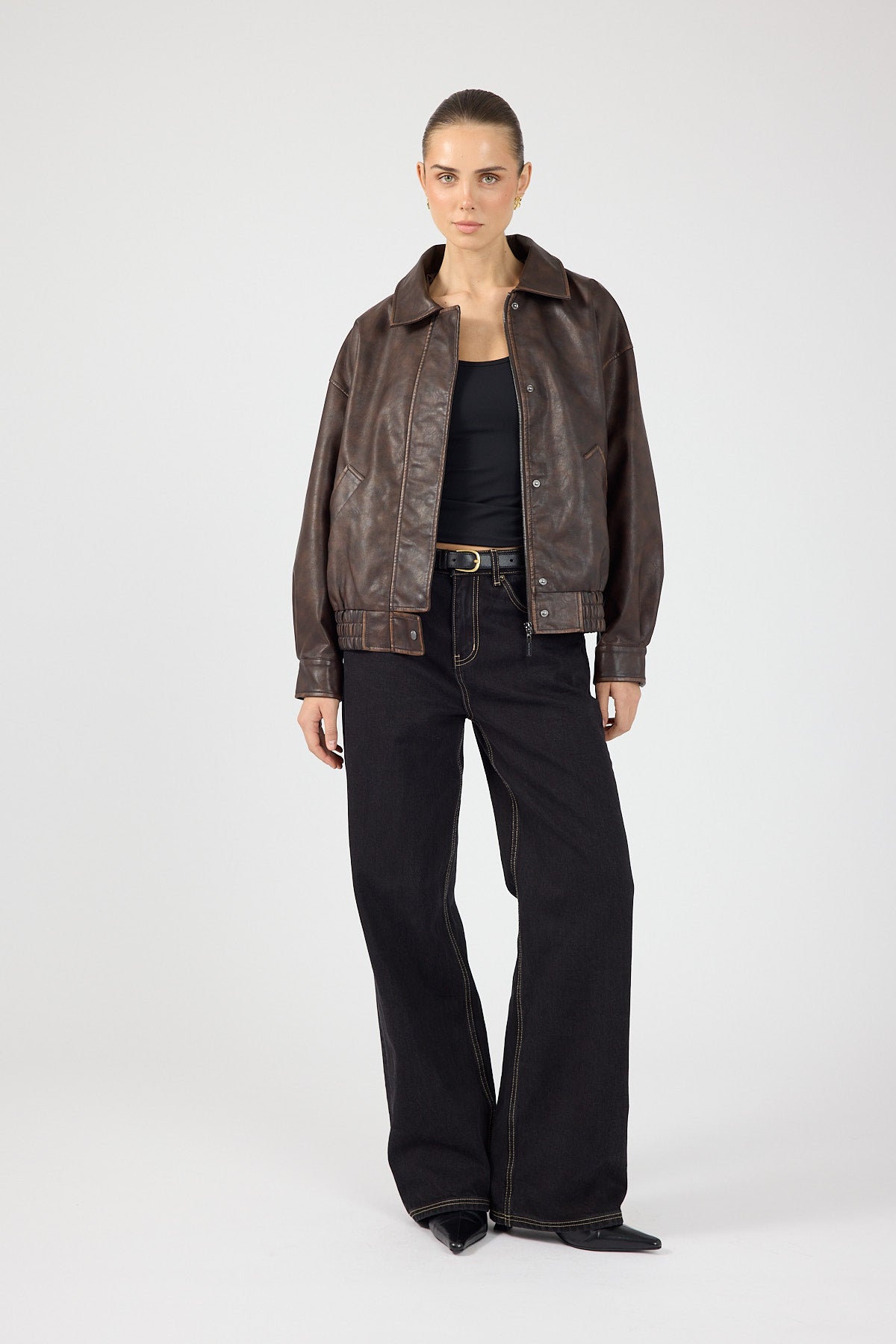 Perfect Stranger Washed Maxx Faux Leather Bomber Brown
