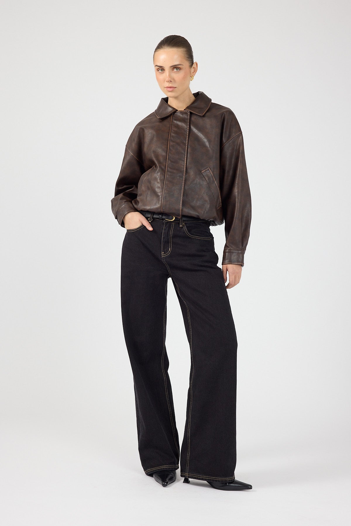 Perfect Stranger Washed Maxx Faux Leather Bomber Brown