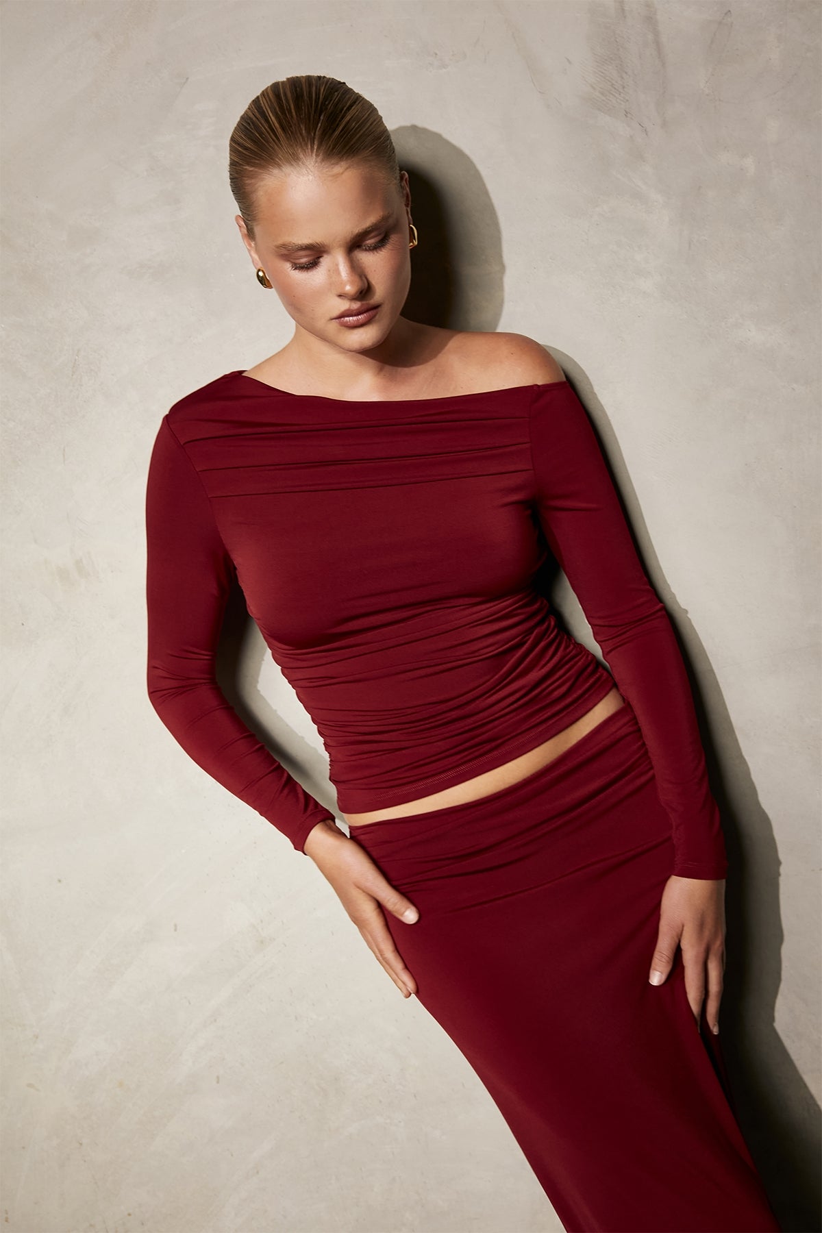 Perfect Stranger Rosh Gathered Long Sleeve Top Burgundy