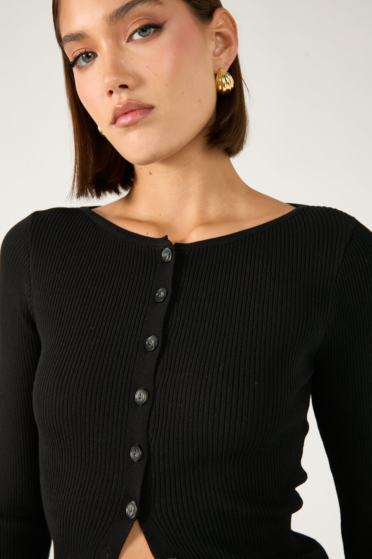 Perfect Stranger High Neck Rib Button Up Long Sleeve Top Black