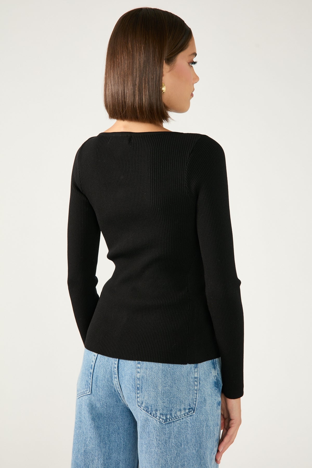 Perfect Stranger High Neck Rib Button Up Long Sleeve Top Black