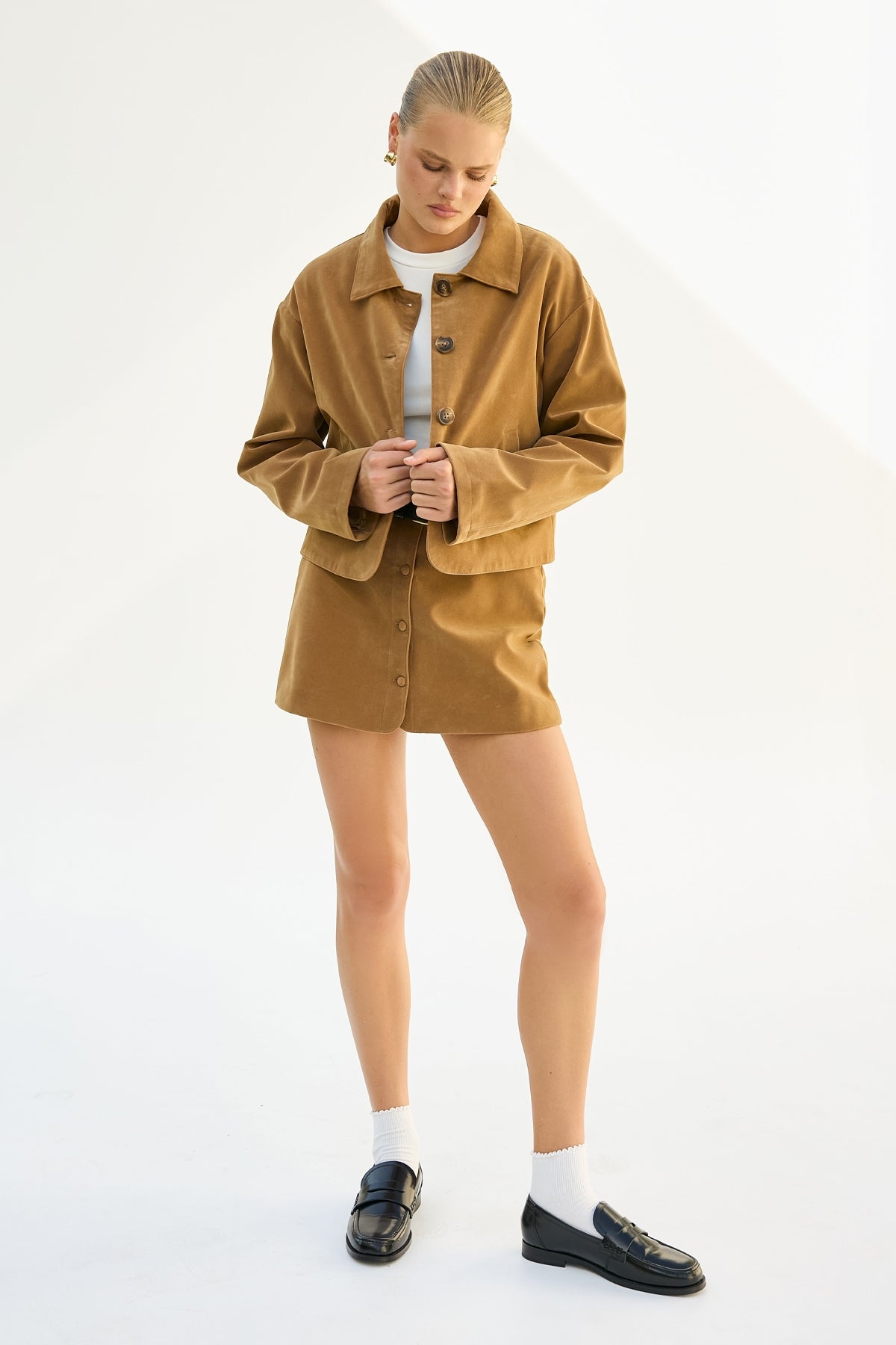Perfect Stranger Amelie PU Suede Mini Skirt Tan