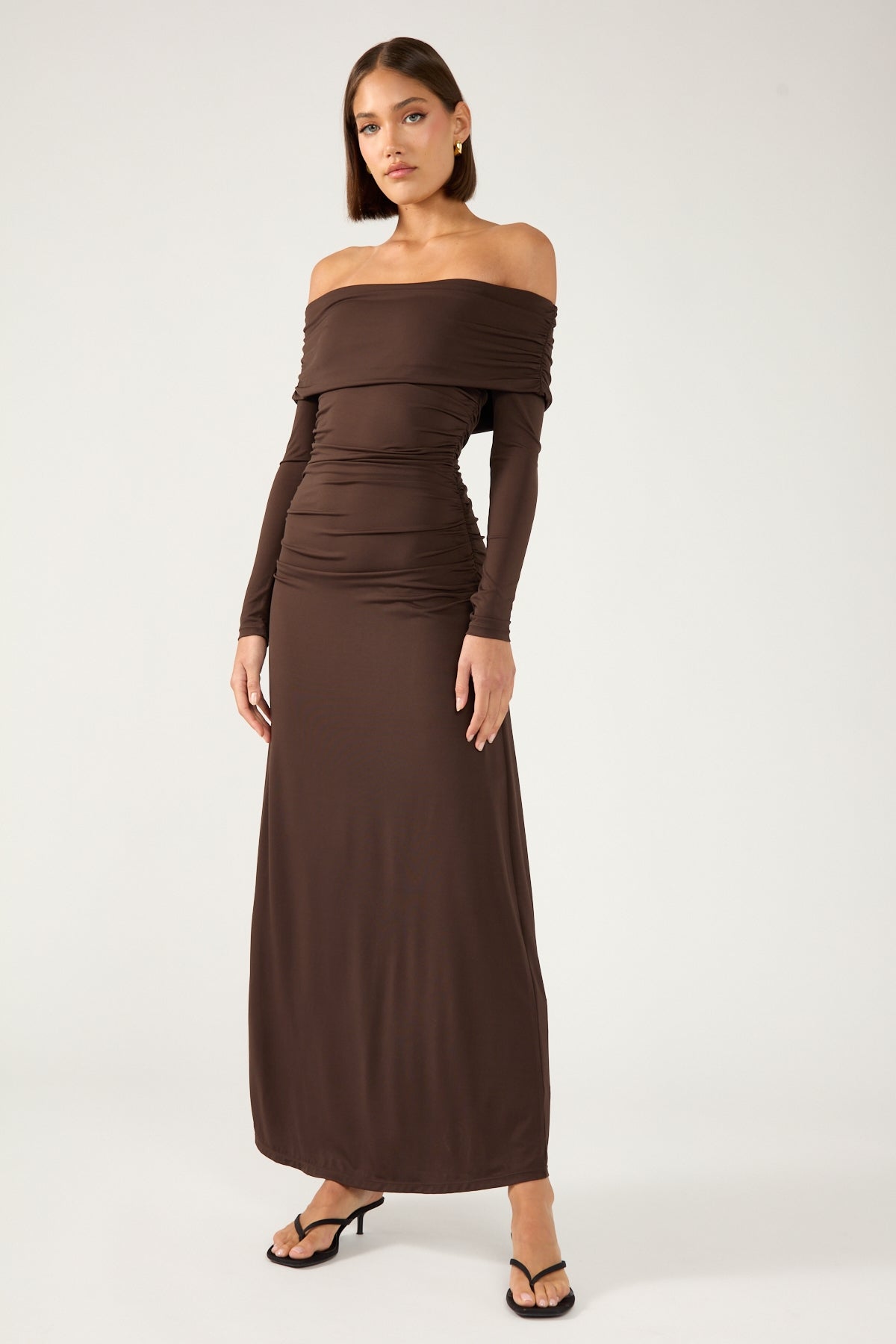Perfect Stranger Rosetta Off Shoulder Long Sleeve Maxi Dress Ash Brown