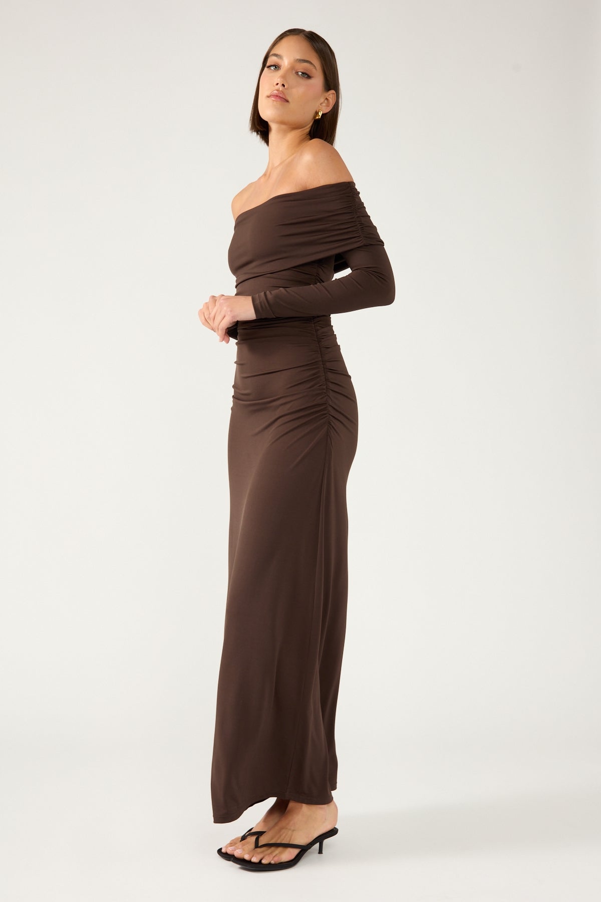 Perfect Stranger Rosetta Off Shoulder Long Sleeve Maxi Dress Ash Brown