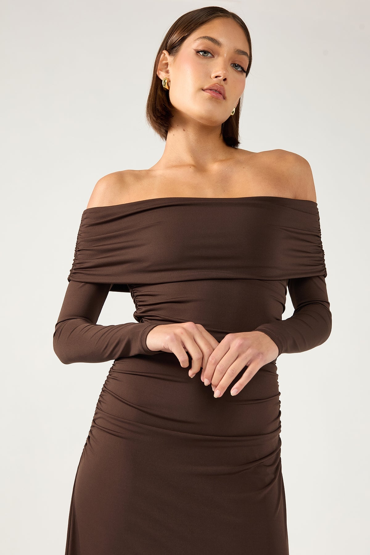 Perfect Stranger Rosetta Off Shoulder Long Sleeve Maxi Dress Ash Brown