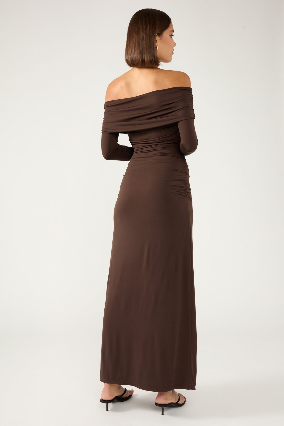 Perfect Stranger Rosetta Off Shoulder Long Sleeve Maxi Dress Ash Brown