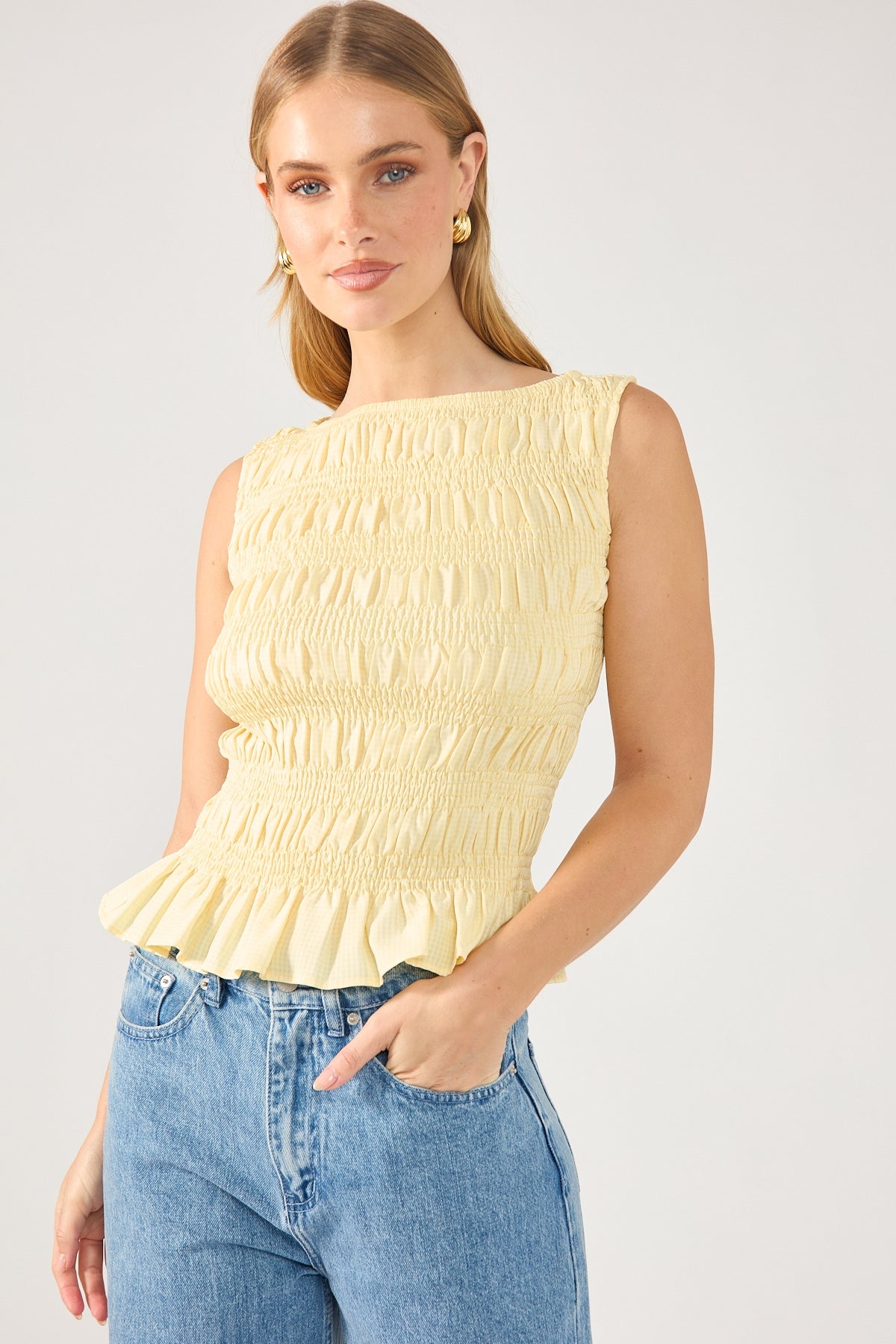 Perfect Stranger Shirred High Neck Gingham Top Yellow Print