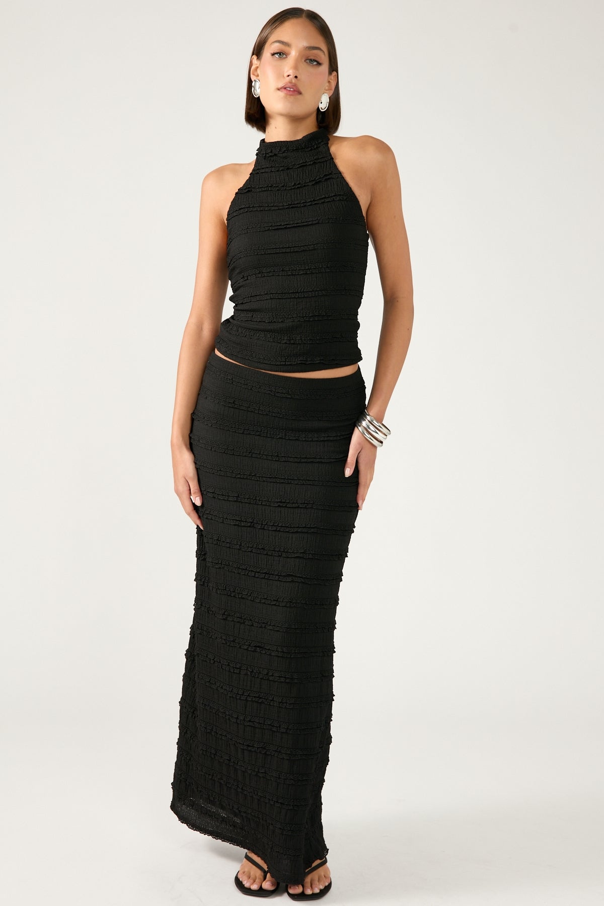 Perfect Stranger Frilly Astra Stretch Halter Top Black