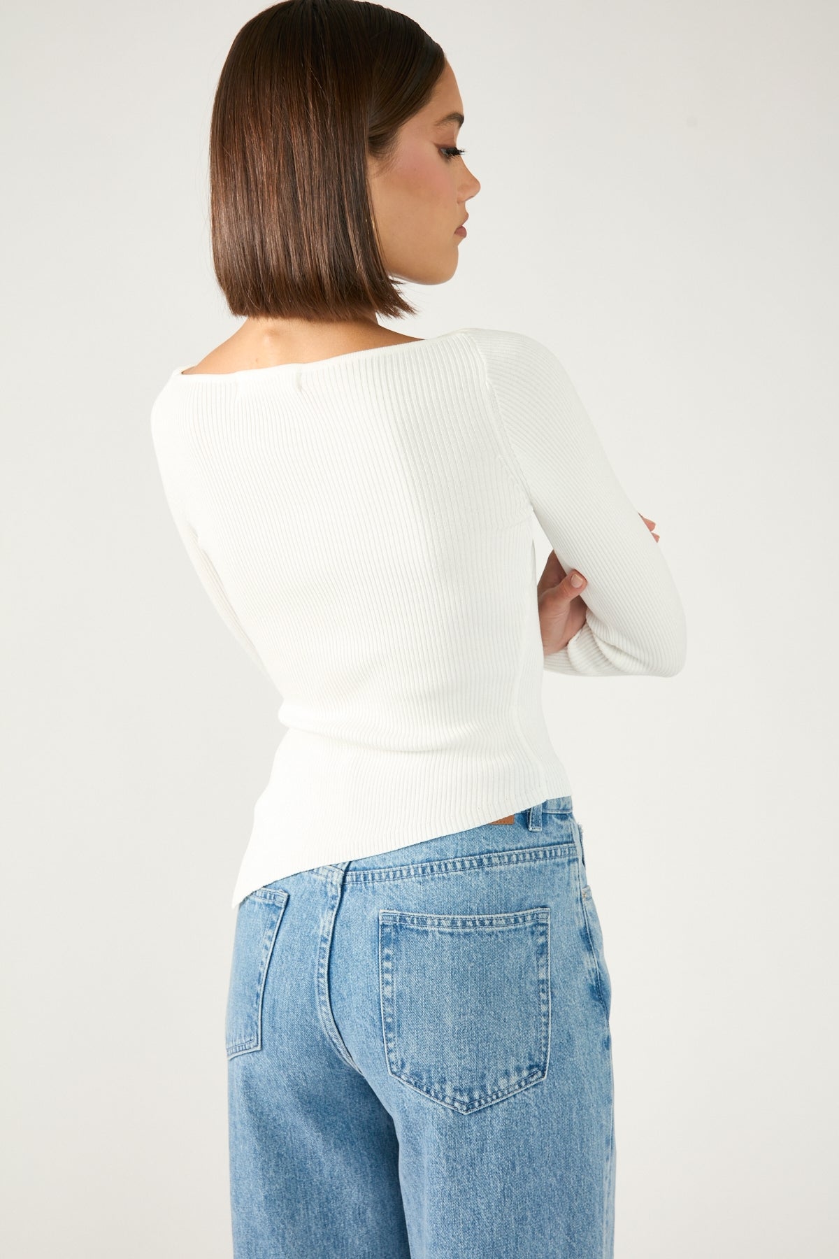 Perfect Stranger Long Sleeve Asym Rib Knit Top White
