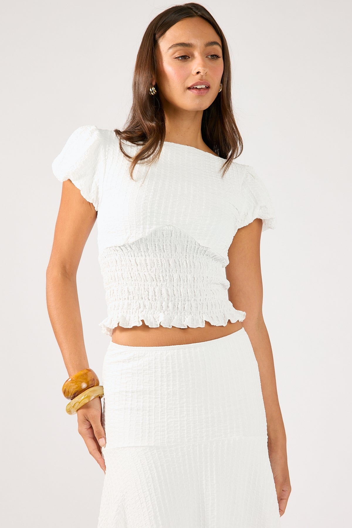 Perfect Stranger Mimsy Short Sleeve Shirred Top White