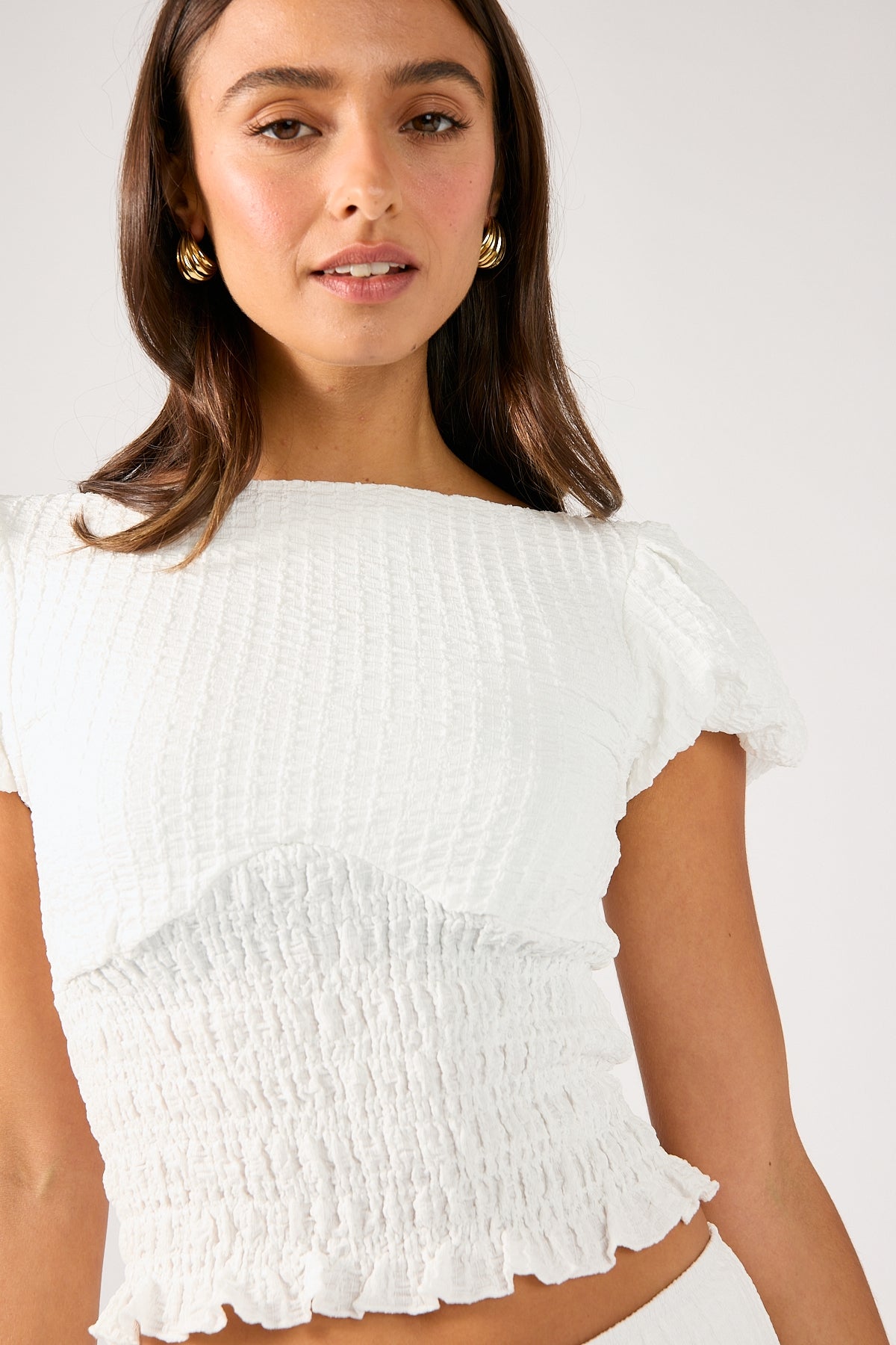 Perfect Stranger Mimsy Short Sleeve Shirred Top White