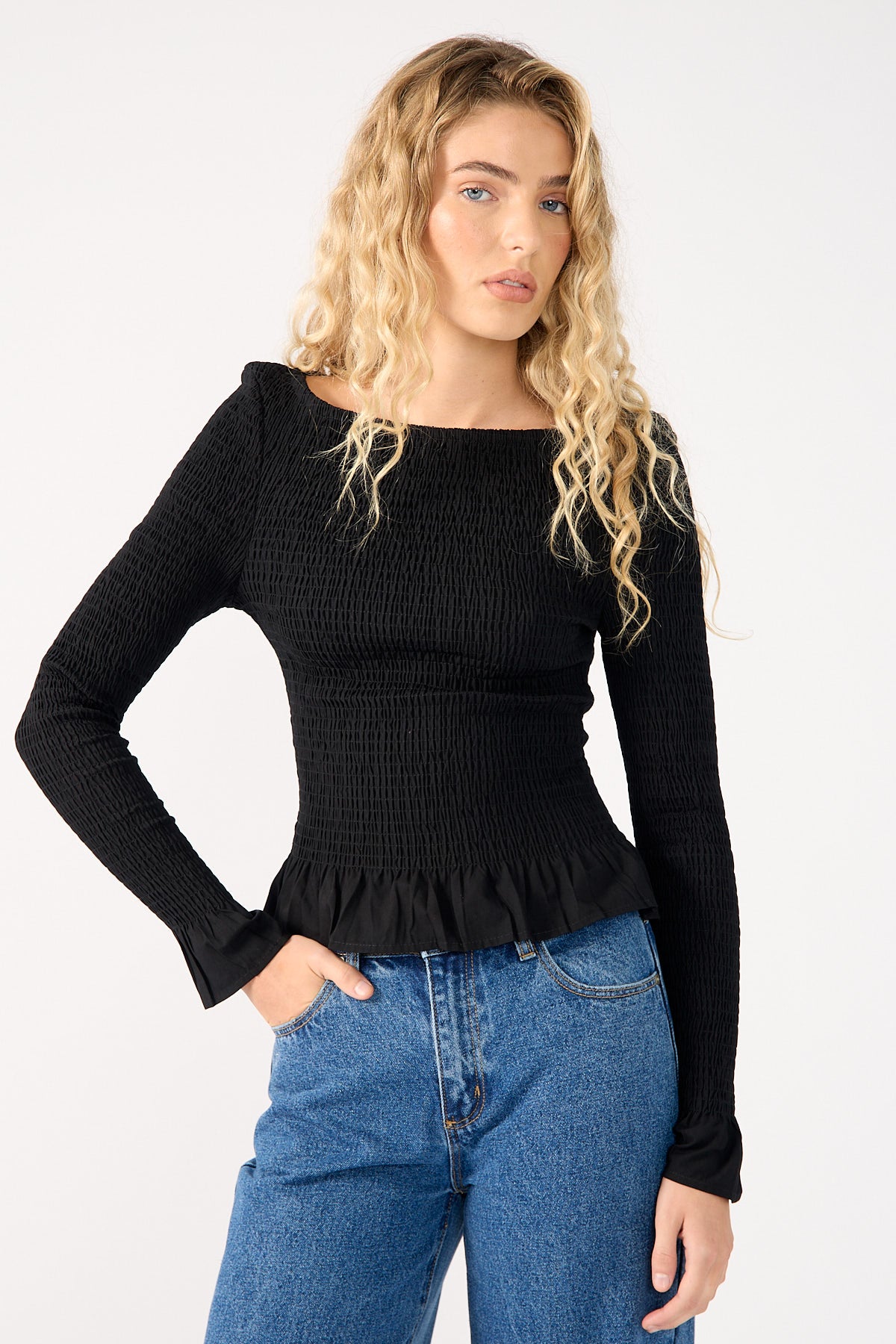 Perfect Stranger High Neck Shirred Long Sleeve Top Black