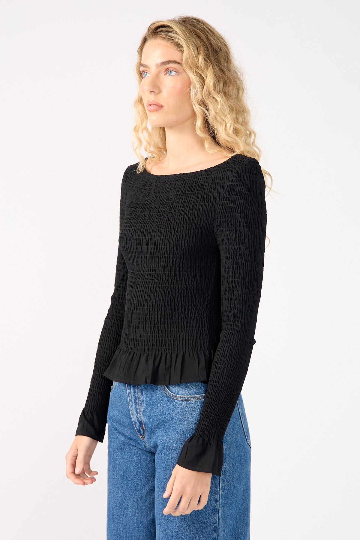 Perfect Stranger High Neck Shirred Long Sleeve Top Black