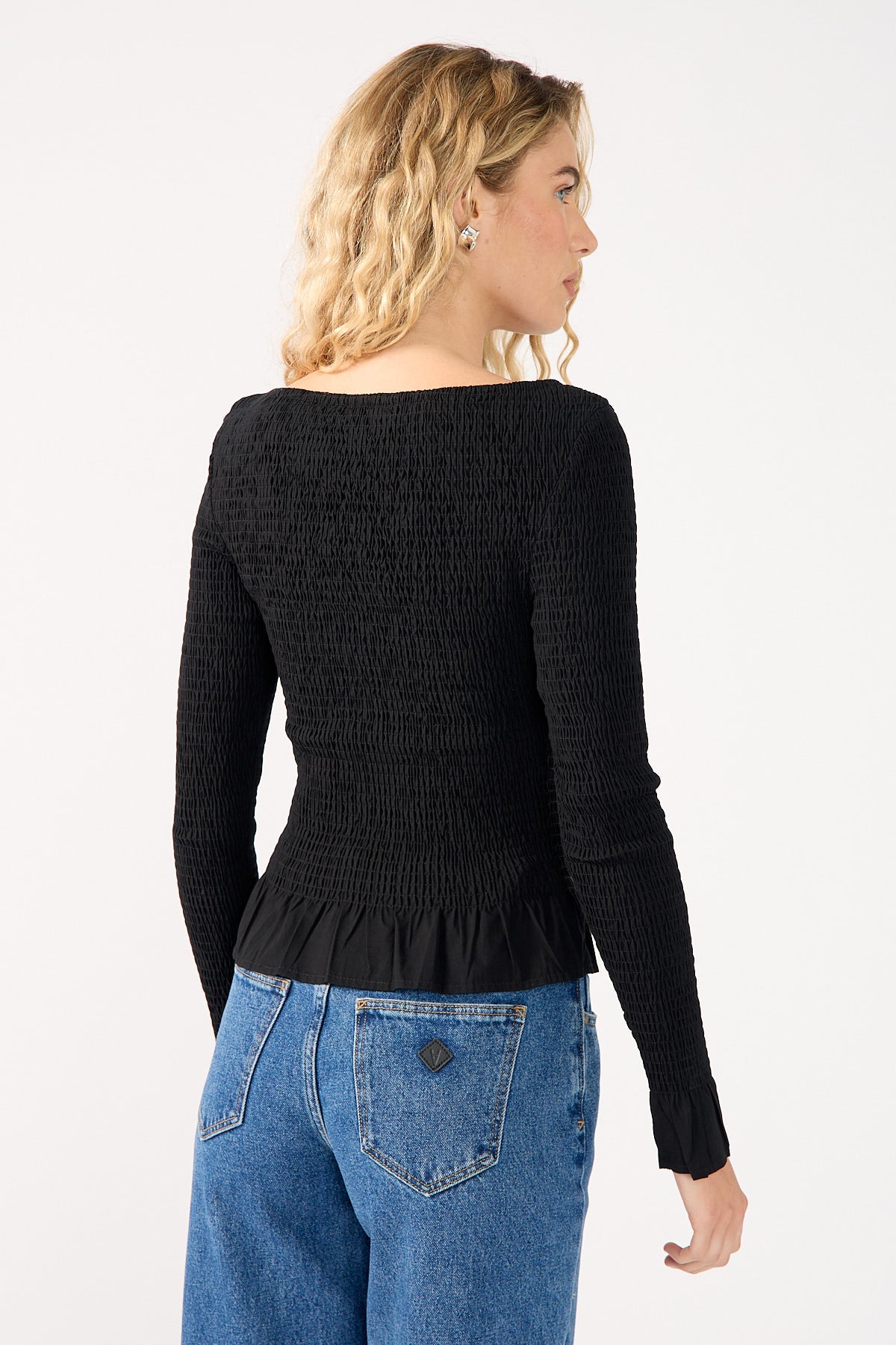 Perfect Stranger High Neck Shirred Long Sleeve Top Black