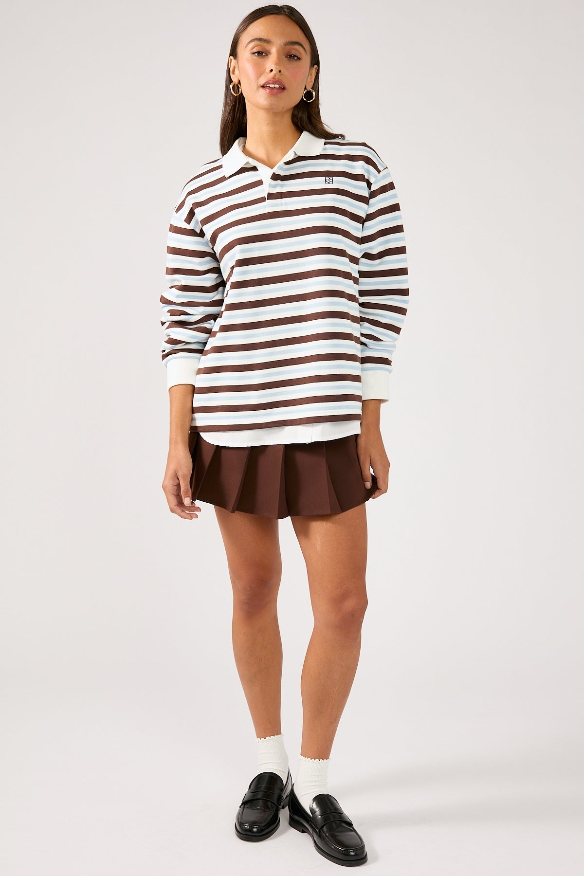 Perfect Stranger Hailey Stripe Rugby Fleece Top Brown Stripe