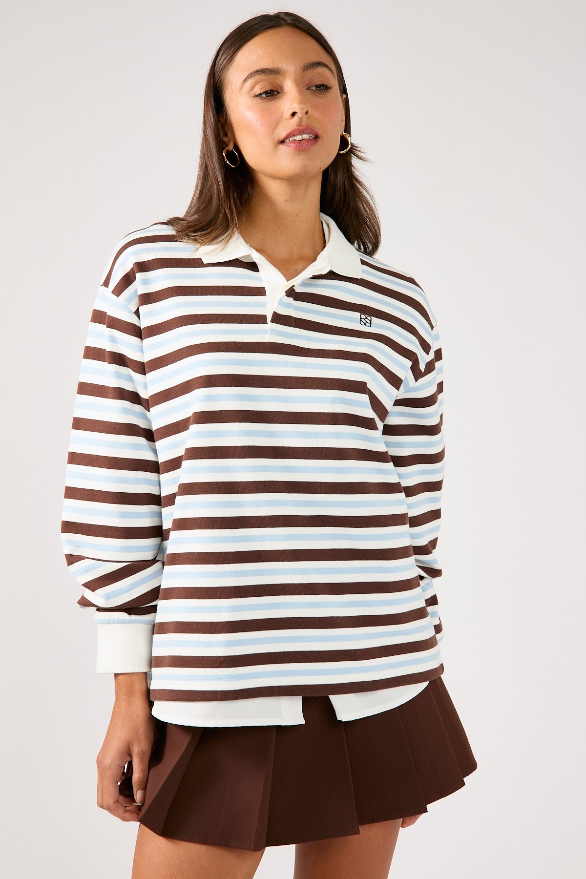 Perfect Stranger Hailey Stripe Rugby Fleece Top Brown Stripe