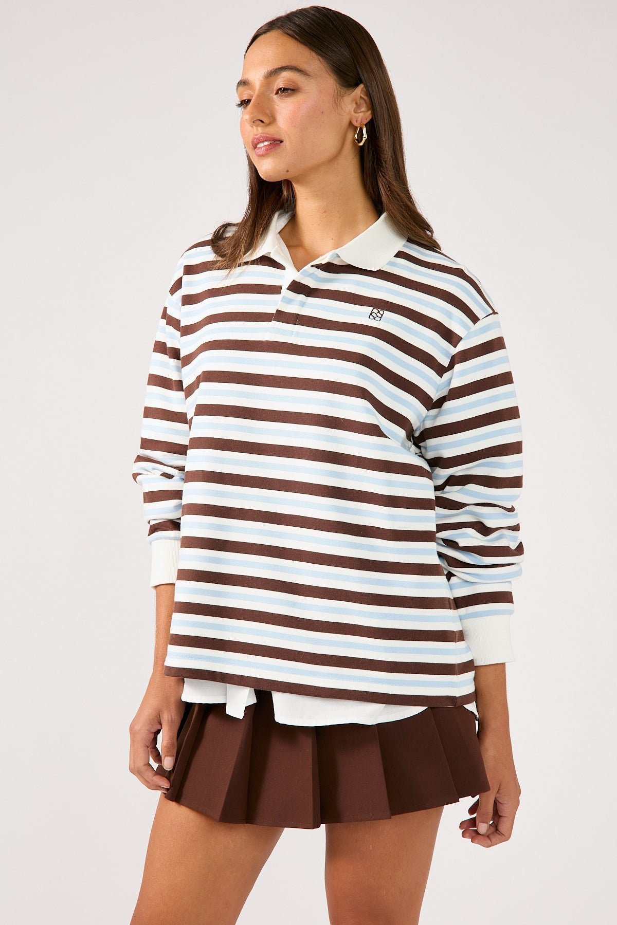 Perfect Stranger Hailey Stripe Rugby Fleece Top Brown Stripe