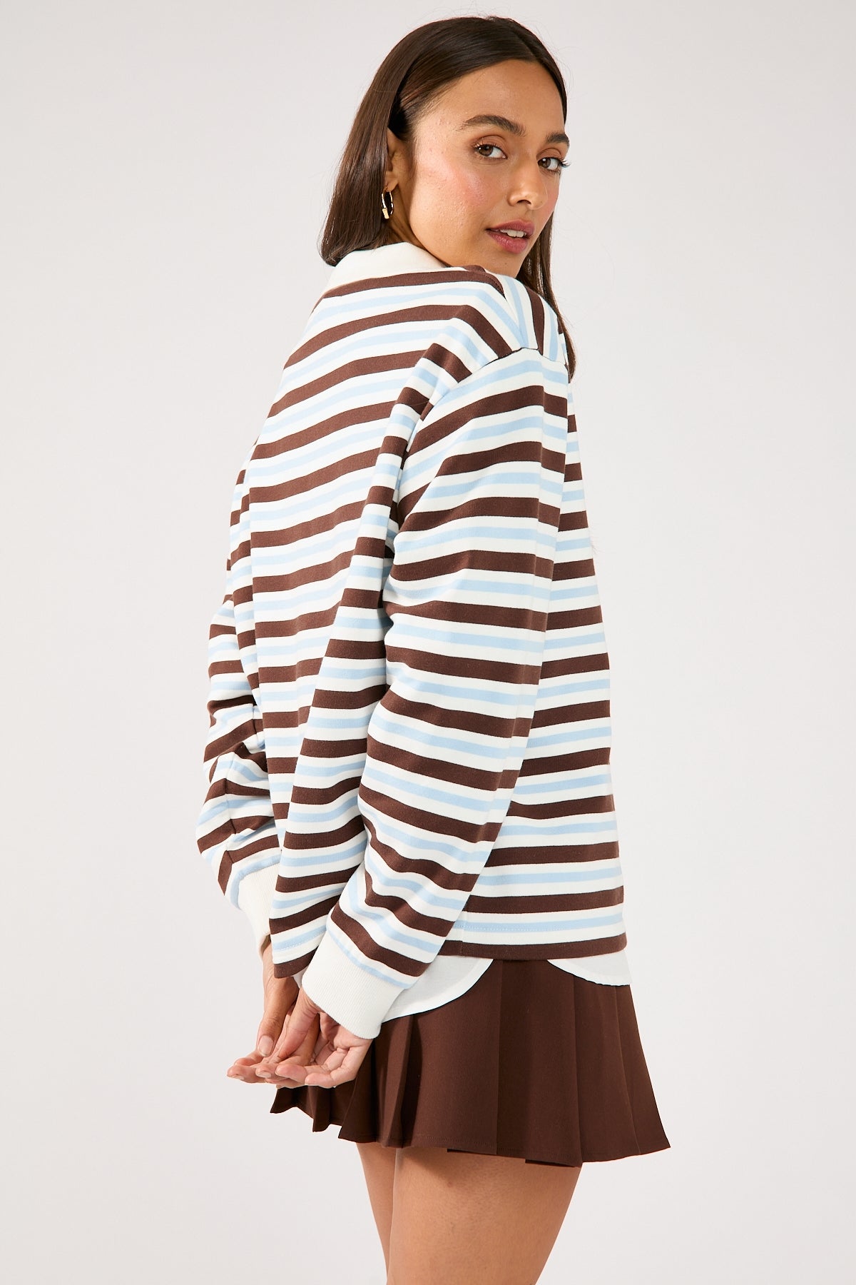Perfect Stranger Hailey Stripe Rugby Fleece Top Brown Stripe