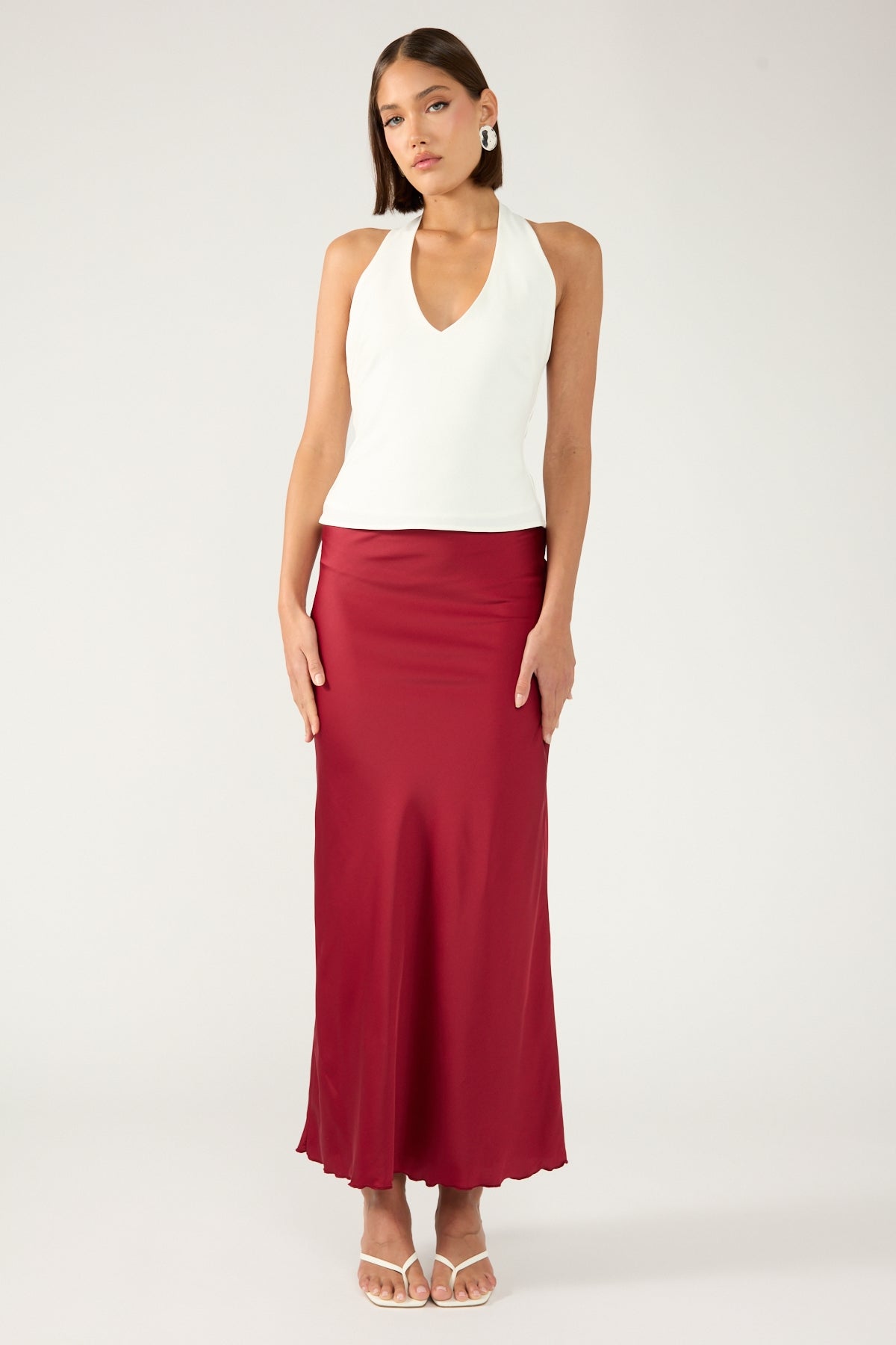 Perfect Stranger Evie Satin Maxi Skirt Burgundy