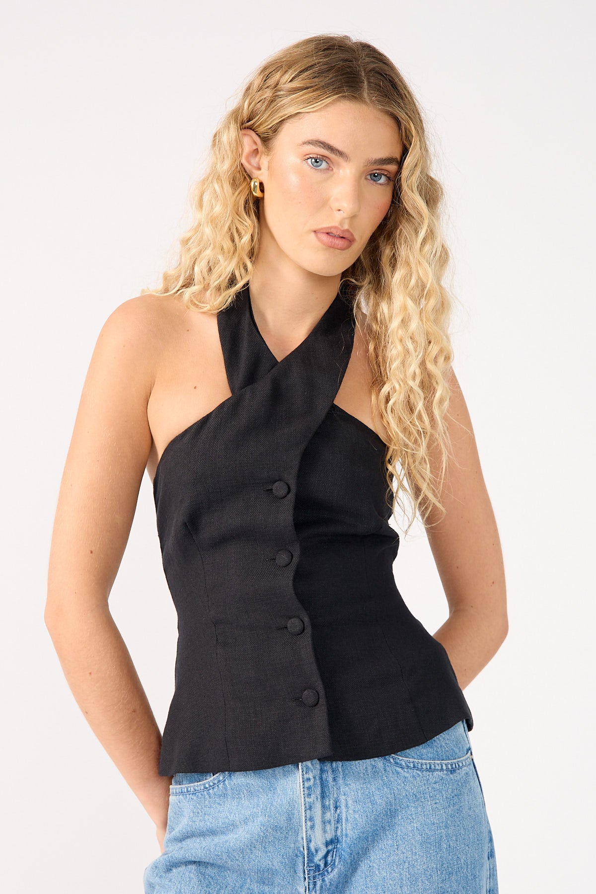 Perfect Stranger Menorca High Neck Button Up Halter Top Black